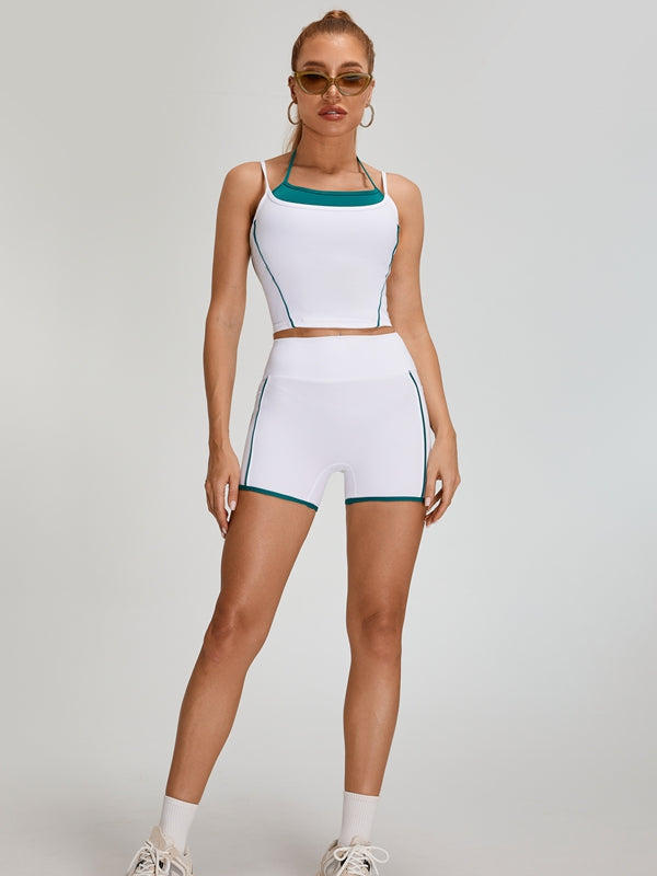 ZASUWA Women's Contrast Color Pocket Backless Short Tracksuit - Stylish Gym Wear for Yoga, Running & Casual Outfits