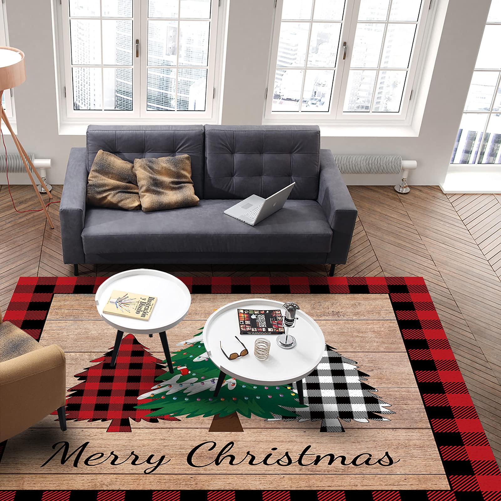 Large Christmas Non-Slip Indoor Area Rug - Xmas Tree Checkered Fluffy Shaggy Runner Carpet 5'x8' for Living Room, Bedroom, Kids Room | Perfect for Holiday Decor, Cozy Home & Festive Gatherings