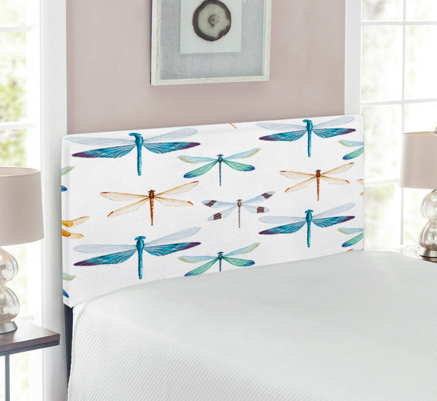 Ambesonne Dragonfly Headboard - Upholstered Decorative Metal Bed Headboard with Memory Foam, Twin Size, Orange Blue Dragonfly Pattern - Perfect for Kids' Room, Bedroom Decor & Guest Room Styling