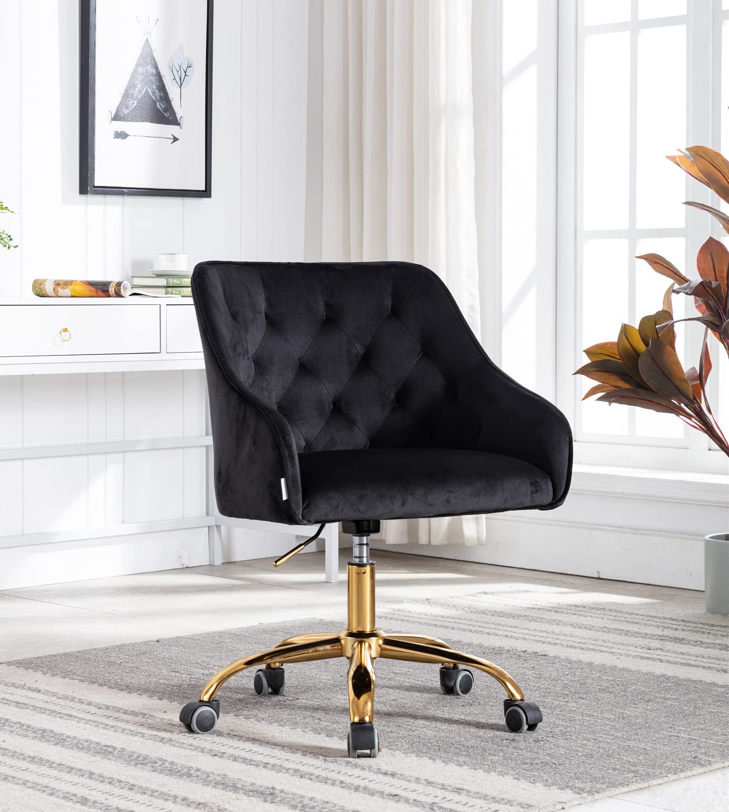 Velvet Office Chair with 360° Swivel & Gold Base - Ergonomic Tufted Desk Chair for Home Office, Study, Living Room & Bedroom - Soft Small Task Chair for Kids & Students (Black & Gold) - Perfect for Work, Gaming & Relaxing