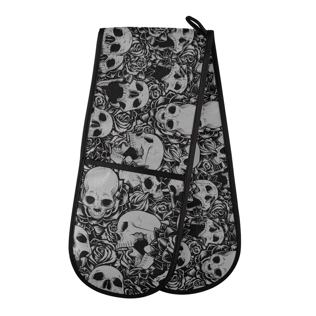 DOMIKING Quilted Double Oven Mitt - Heat Resistant Skull & Rose Pattern Kitchen Gloves for Baking, Grilling, BBQ & Cooking - Perfect for Thanksgiving, Christmas & Holiday Meal Prep