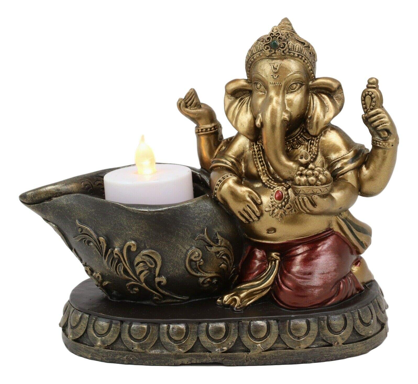 Funny Ganesha Statue with Modaka Bowl - Kneeling by Well Votive Candle Holder - Hindu God Figurine for Home Altar, Yoga Studio Decor & Spiritual Gift
