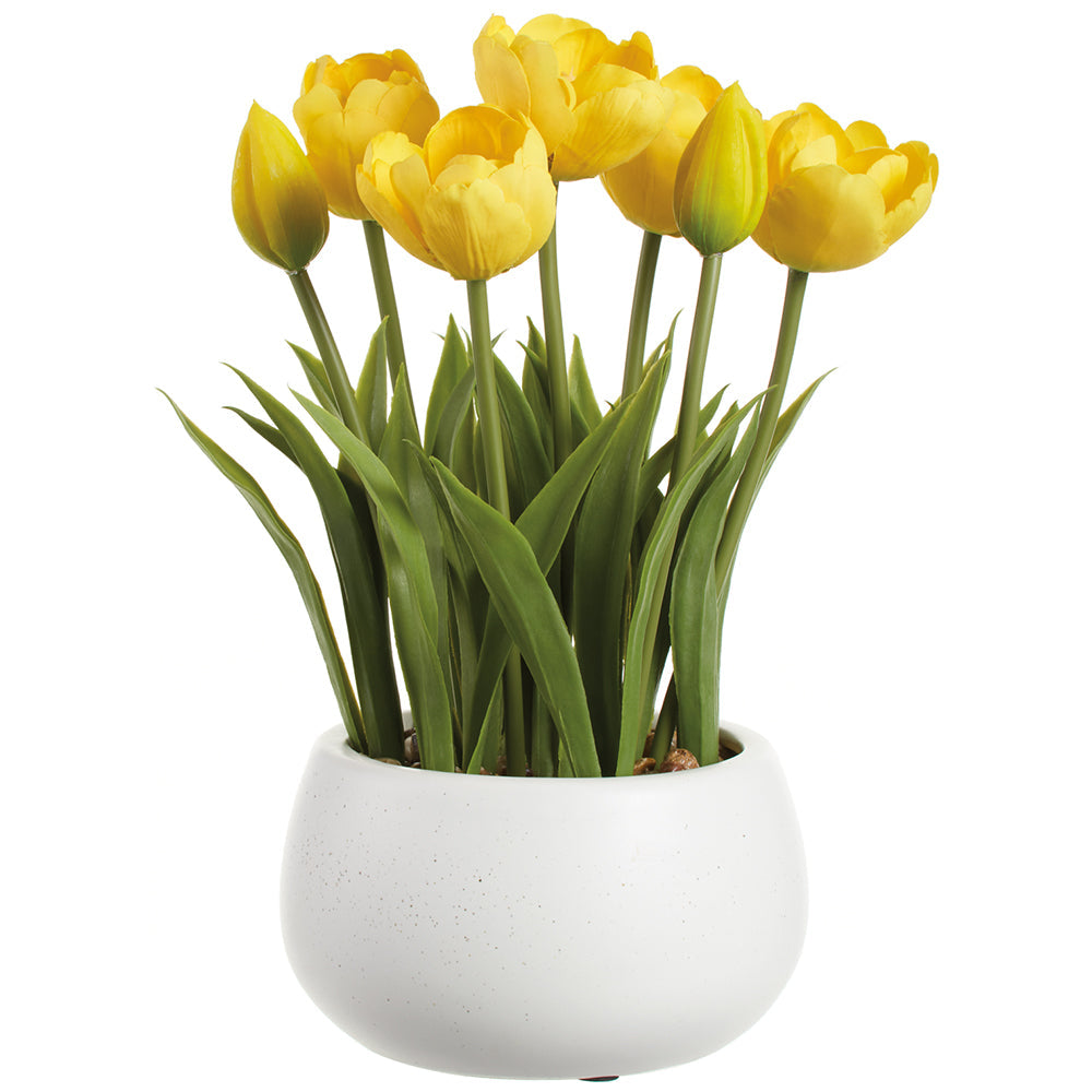 11 Stems Yellow Tulip Silk Flower Arrangement with Ceramic Vase - 6 Pack | Home Decor, Wedding Centerpieces, Spring Table Decorations