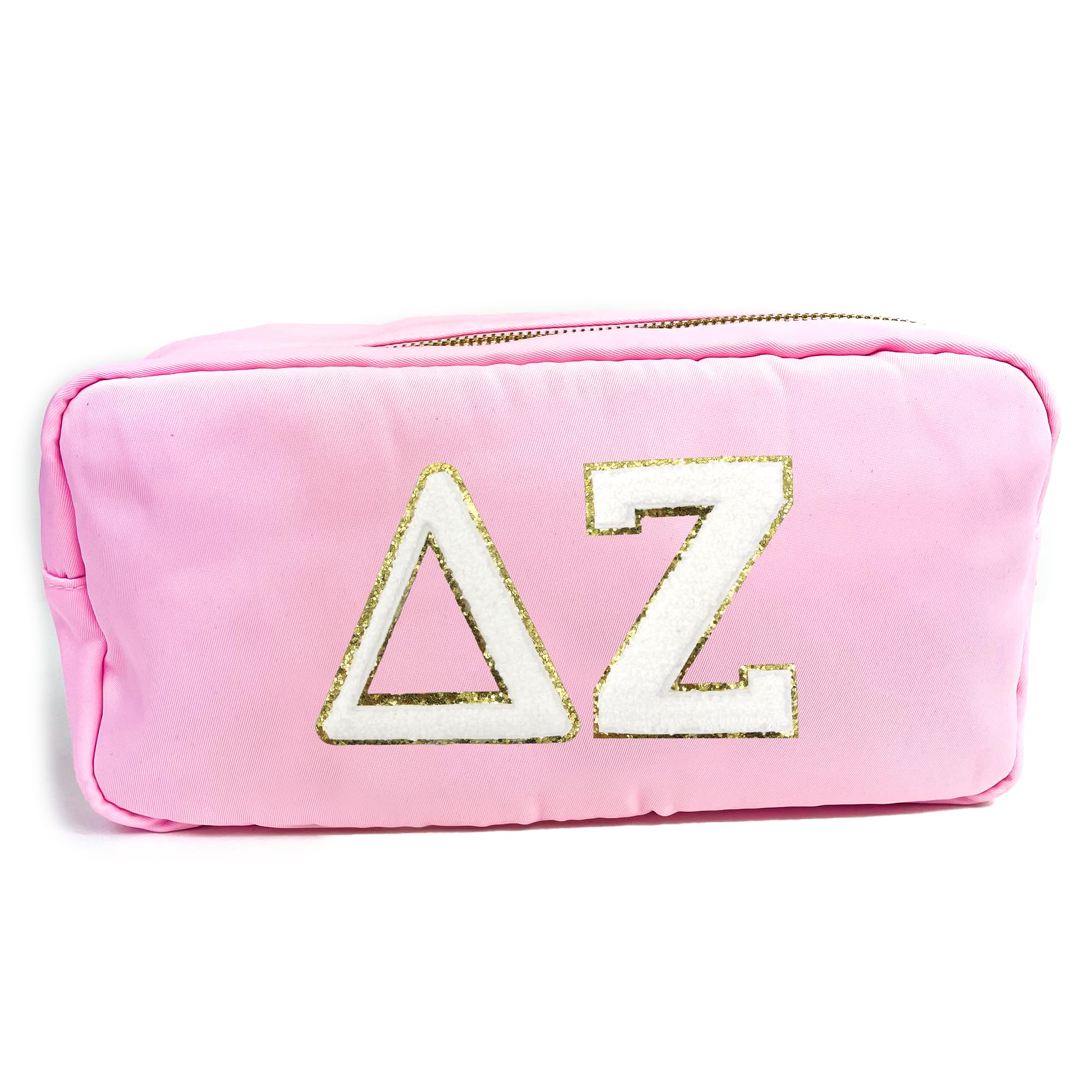 Delta Zeta Nylon Makeup Travel Bag with Glitter Greek Letter Patch - Pink Cosmetic Case for Sorority Sisters | Perfect for College, Travel & Organization (ΔΖ)
