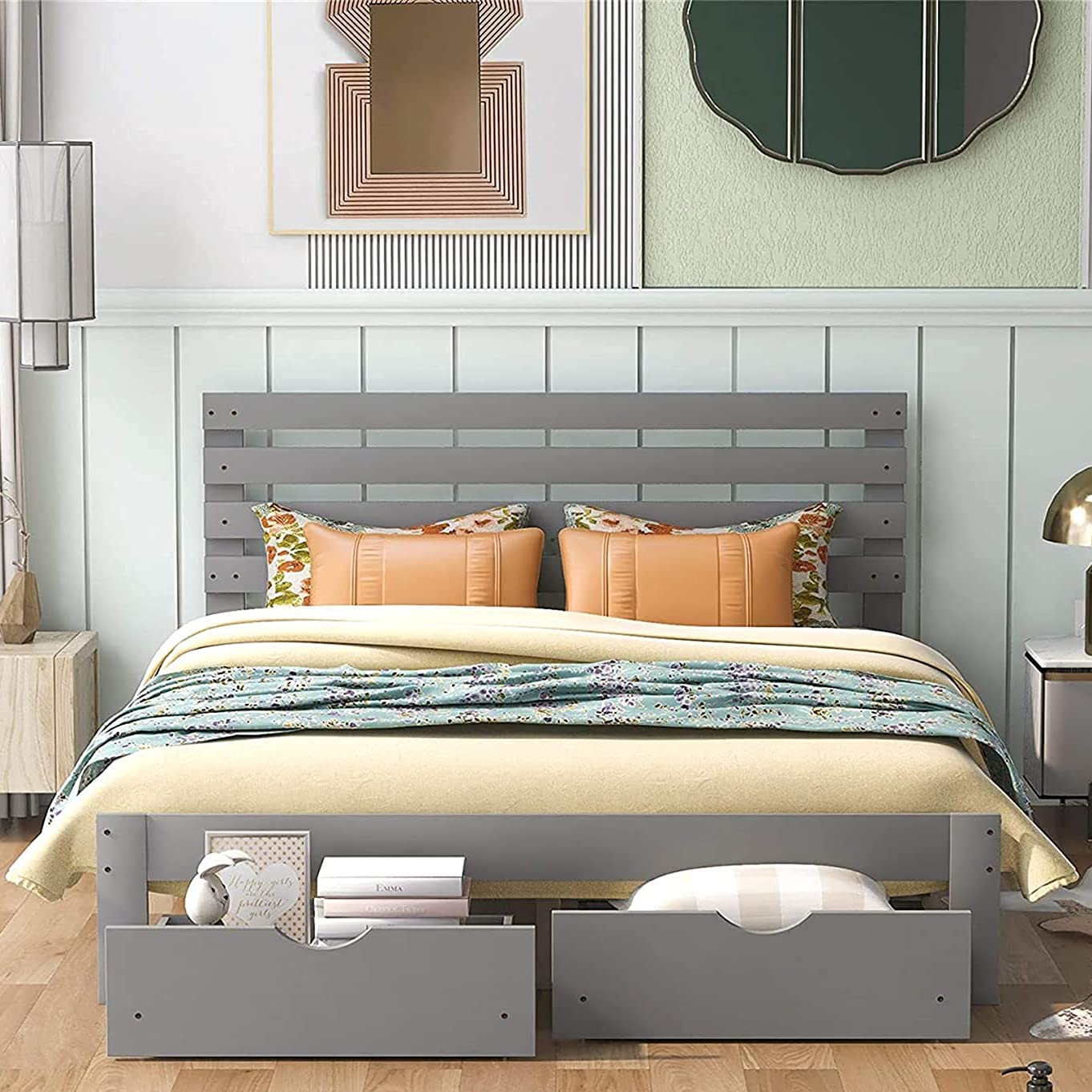 Merax Grey Wood Queen Platform Bed Frame with Headboard & Storage Drawers - No Box Spring Needed, Perfect for Kids' Bedrooms & Small Spaces