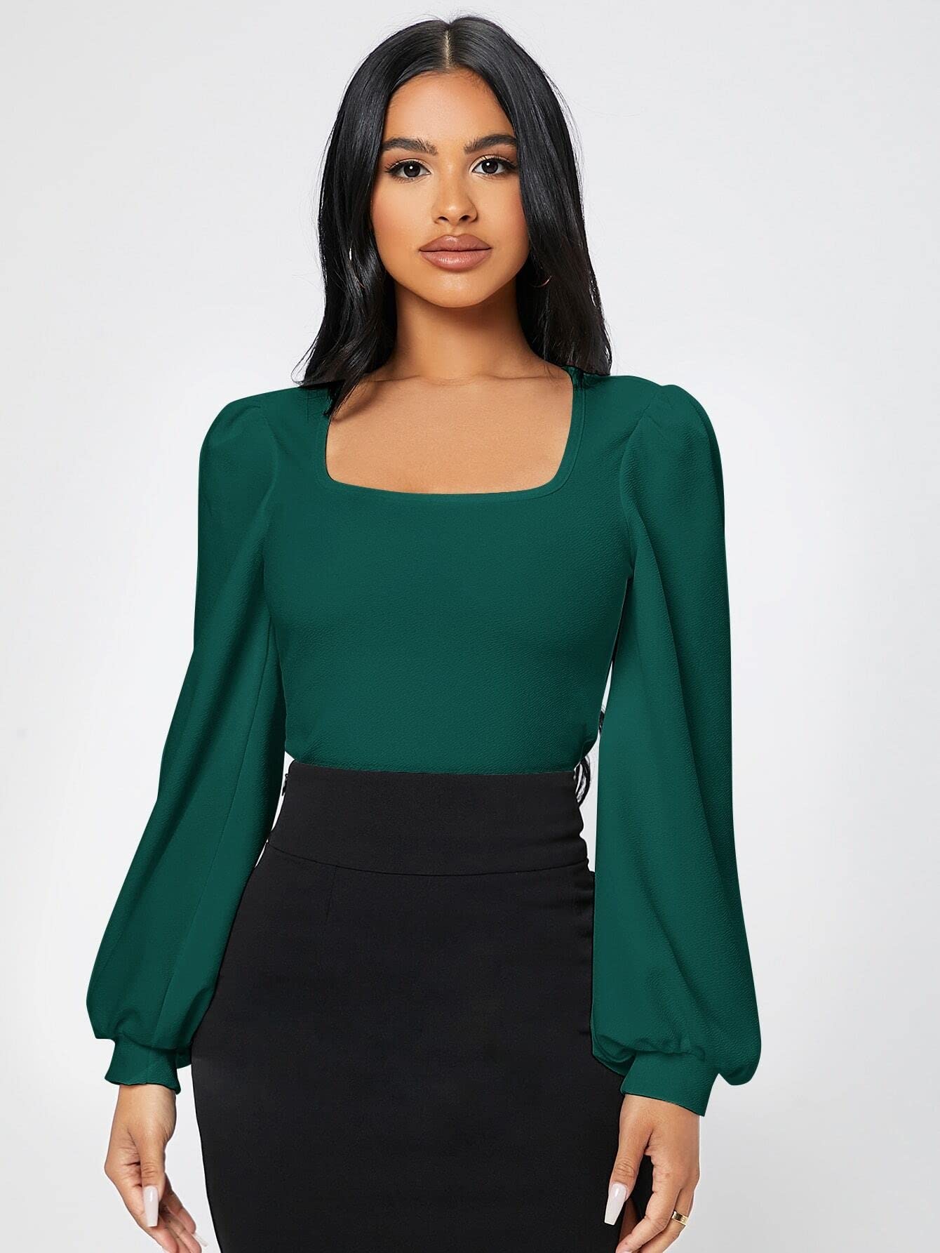 LIHANA Women's Long Sleeve Square Neck Lantern Sleeve T-Shirt - Comfortable Work & Casual Blouse for Office, Date Night & Everyday Wear