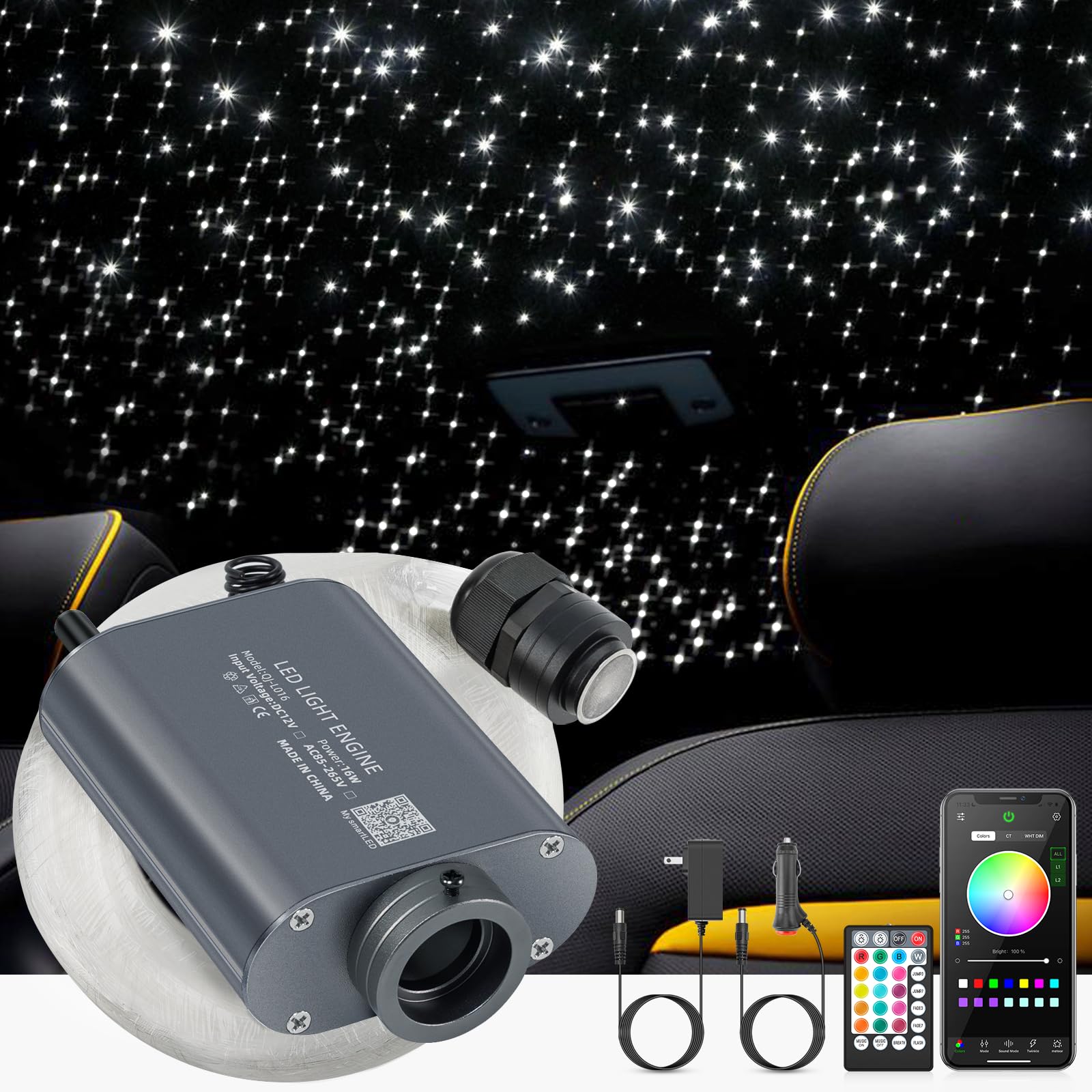 16W LED Fiber Optic Lights Kit - Bluetooth & Remote Controlled RGBW Star Ceiling Lights for Cars & Home Decor (500x0.03in Fibers, 13.1ft) - Perfect for Bedroom, Party & Romantic Ambiance