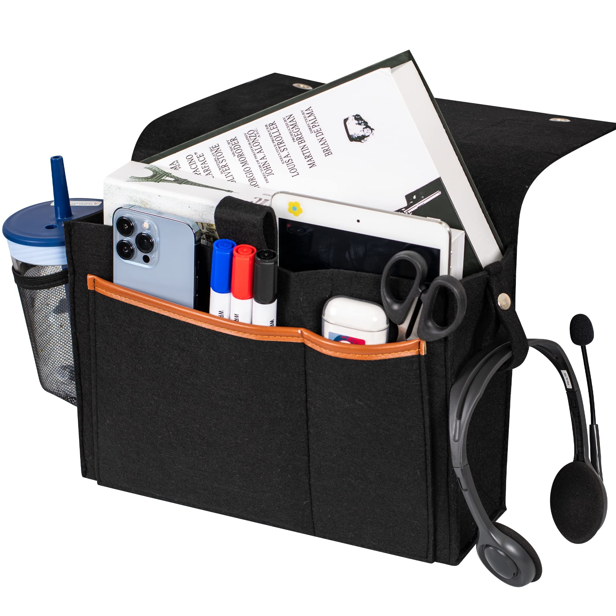 Mayyol Thick Felt Bedside Organizer Caddy - 5 Pocket Storage Holder for Bedroom, Dorm, Couch - 12.5 x 8.5 Inch Classic Black - Perfect for Storing Books, Remote, Phone & Essentials by Your Bed
