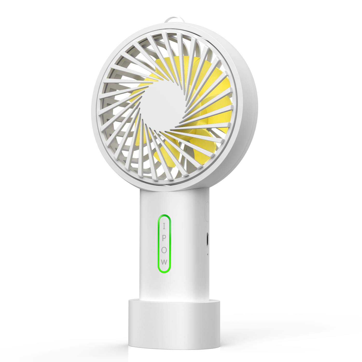 IPOW Mini Handheld Fan - Portable USB Rechargeable Personal Fan with 3 Speed Settings, Adjustable Angle & Removable Base - Battery Operated Small Desk Fan for Home, Office, Camping, Travel & Disney Trips - Icy White Cooling Face Fan