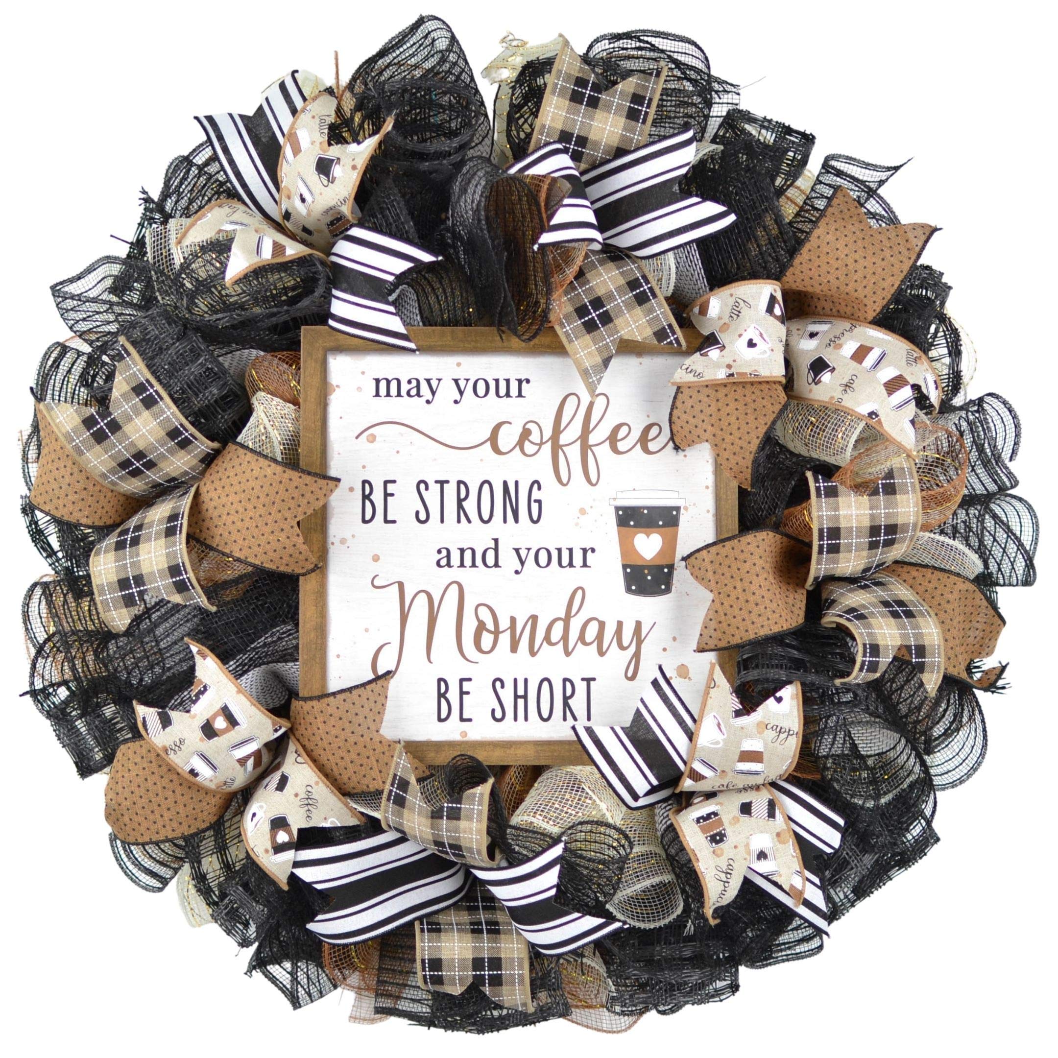 Farmhouse Coffee Wreath - Rustic Burlap Decor for Coffee Lovers - Brown Black White Wall Hanging - Perfect for Kitchen, Living Room & Coffee Shop Decor