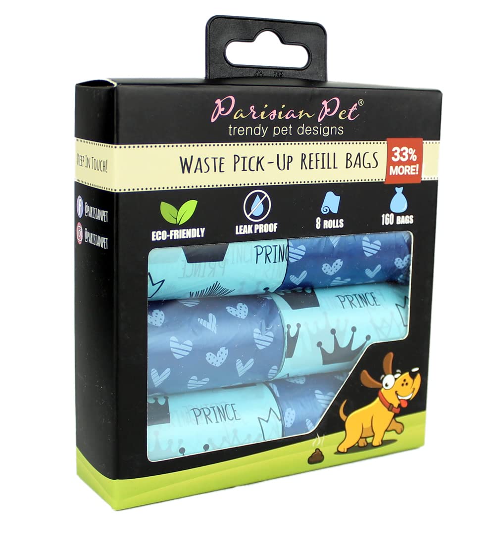 Eco-Friendly Dog Poop Bags Rolls - 160 Count Unscented Leakproof Waste Bags for Dogs - Extra Thick 8 Refill Rolls (Prince Hearts Blue) - Fits All Dispensers - Perfect for Park Walks, Hiking & Travel