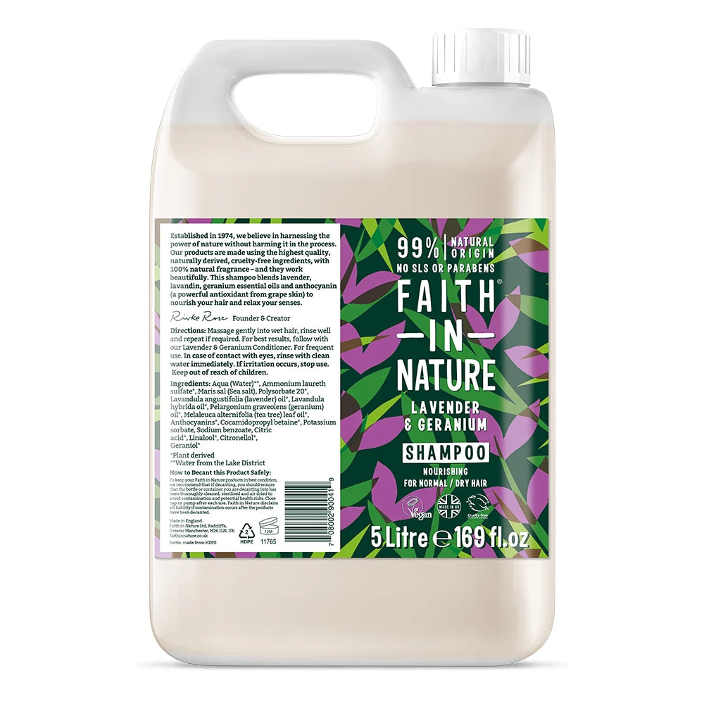 Faith In Nature Lavender & Geranium Shampoo Refill 5L - Natural Vegan Hair Care for Dry & Sensitive Scalp | Perfect for Salons, Spas & Eco-Conscious Homes