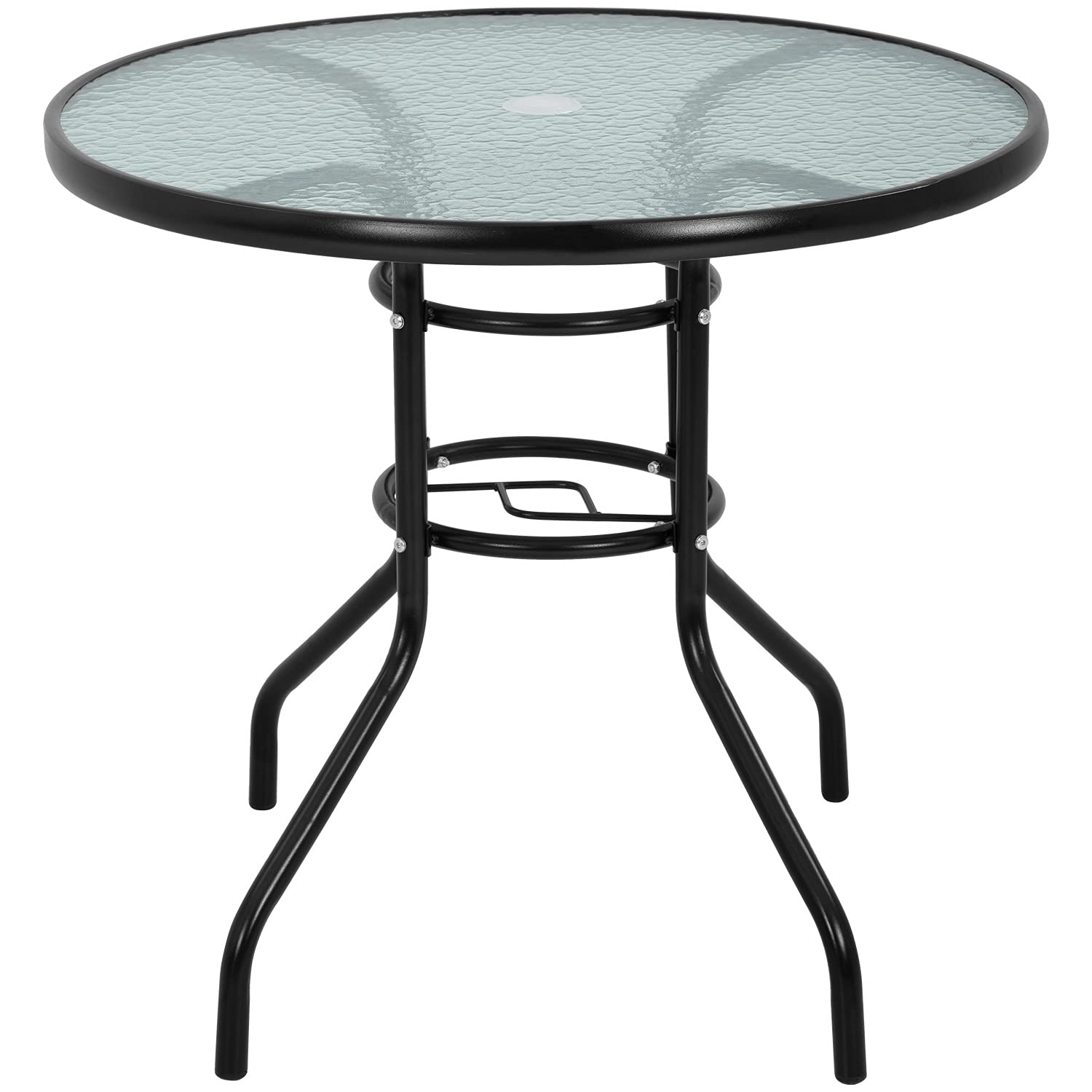 Round Outdoor Patio Table with Umbrella Hole - Steel Frame & Tempered Glass Top Bistro Dining Table for Backyard, Lawn, Pool - Perfect for Commercial Events, Parties & Casual Conversations