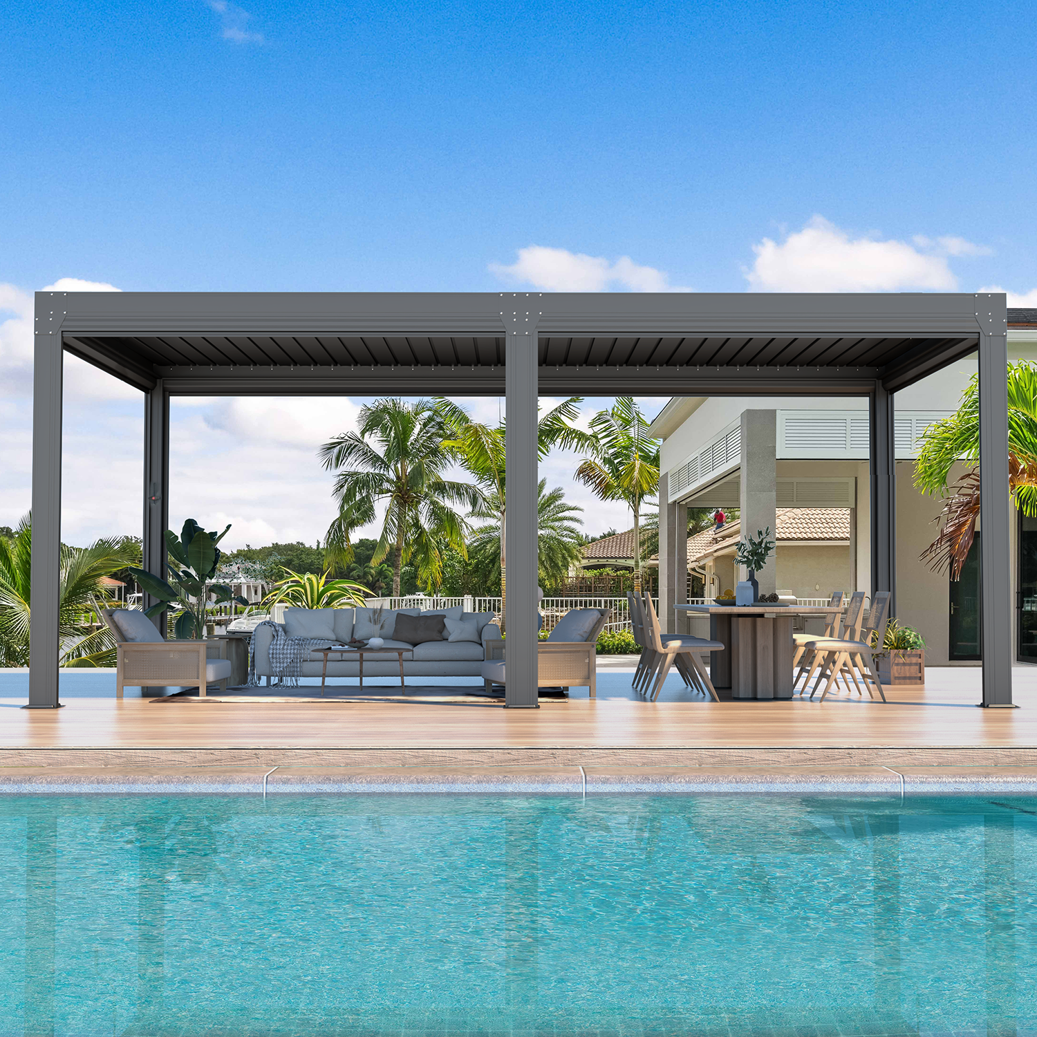 10x20 Aluminum Louvered Pergola with Retractable Shade Screen - Gray Outdoor Patio Cover for Backyard, Deck, and Poolside Relaxation