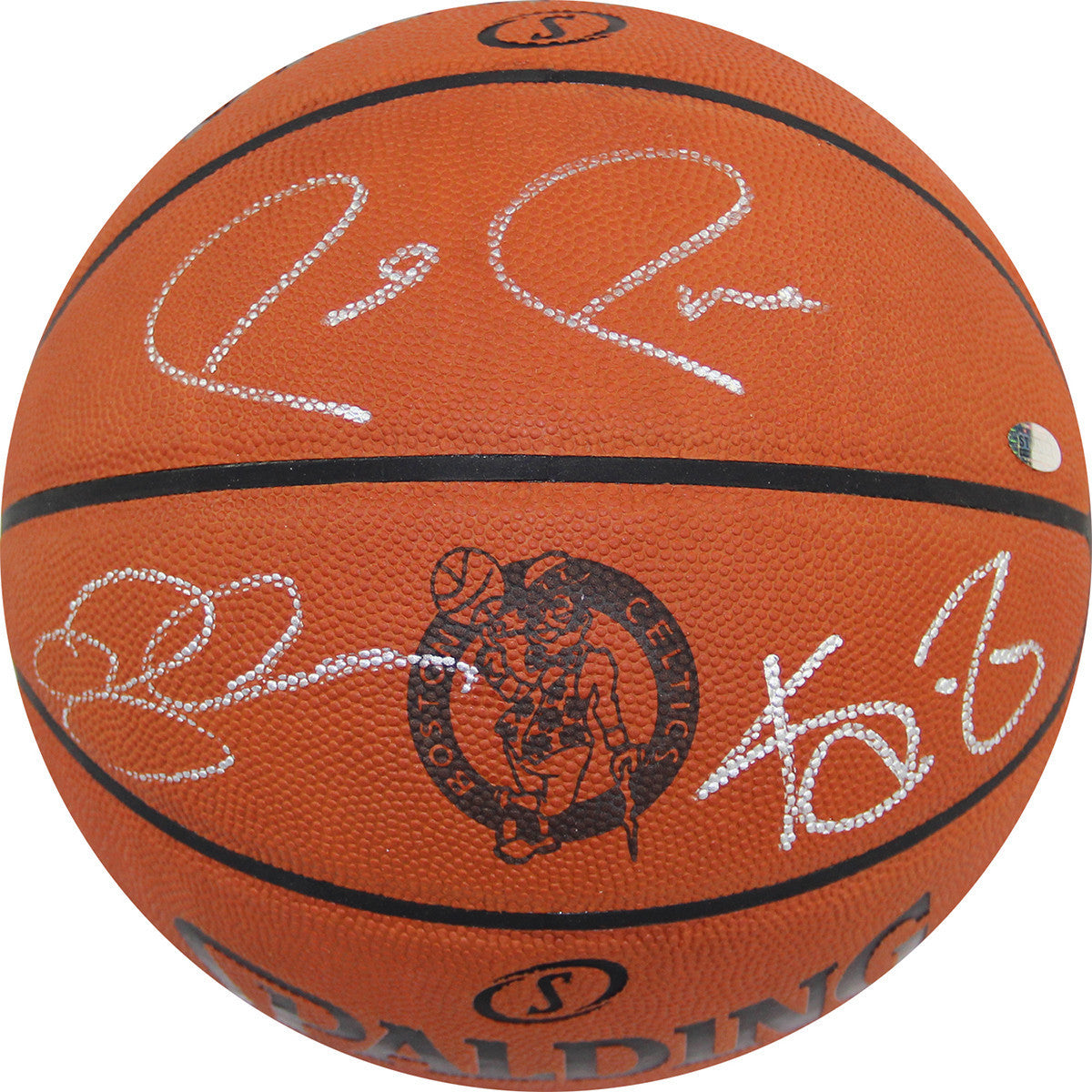Ray Allen Paul Pierce Kevin Garnett Autographed Celtics Logo Basketball - Triple Signed Memorabilia in Silver - Perfect for Celtics Fans, Sports Collectors, and Home Decor