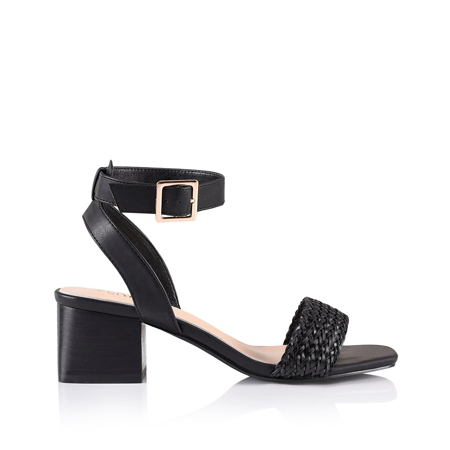Elly Women's Black Weave Block Heel Sandals - Comfortable Summer Dress Shoes for Weddings, Parties & Office Wear