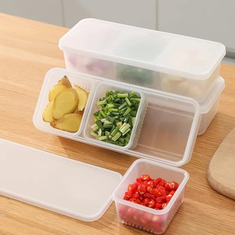 MosQuick® 3-Grid BPA-Free Food Storage Containers for Refrigerator - Airtight Kitchen Organizer for Vegetables, Fruits, Herbs & Garlic | Stackable Fridge Storage Bins | Perfect for Meal Prep, Leftovers & Grocery Organization