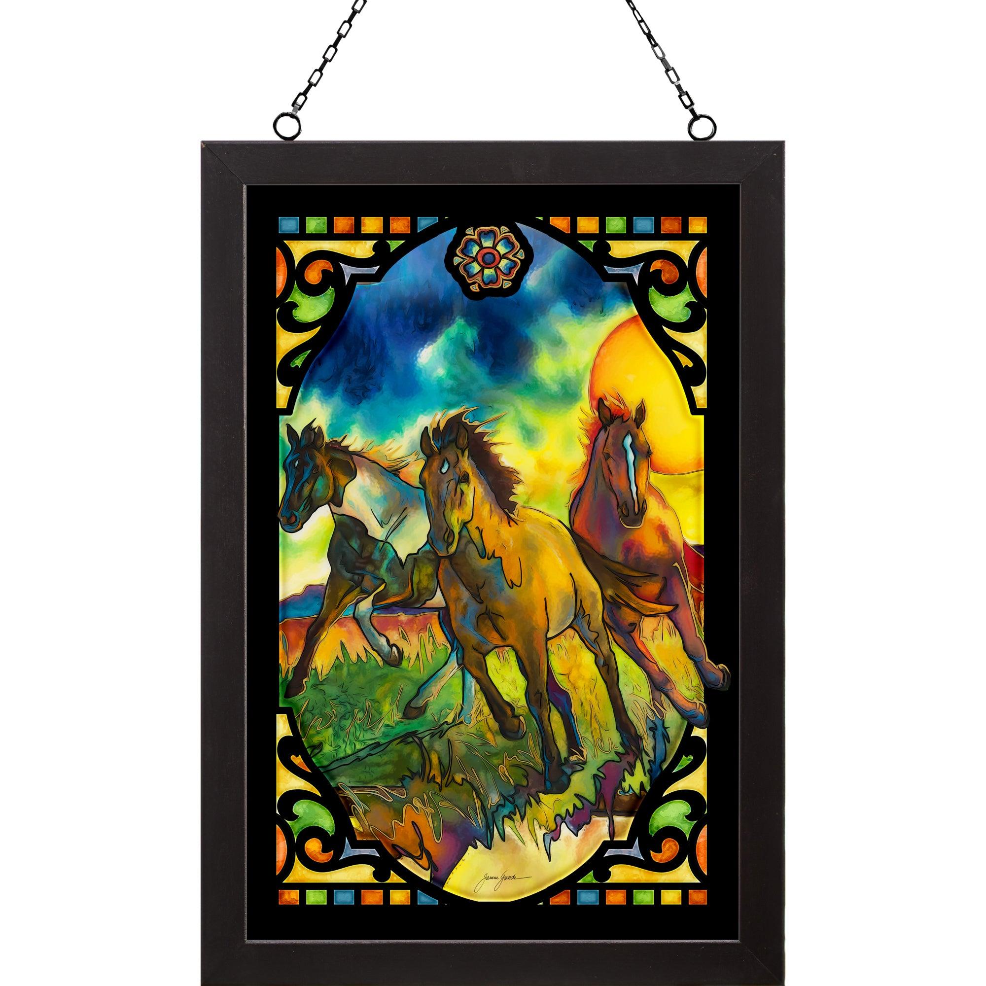 14 x 20 Stained Glass Horse Art Panel - Handmade Freedom Horse Design for Home Decor, Wall Art & Equestrian Gifts