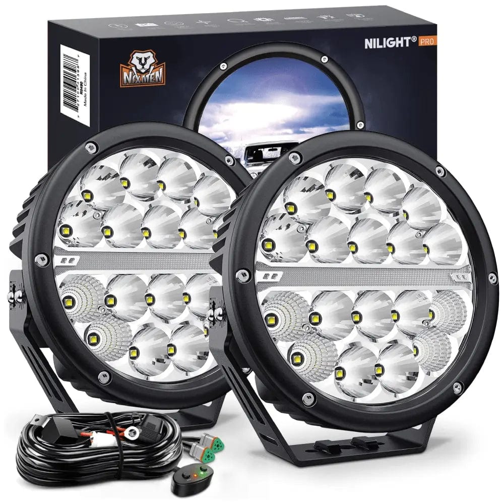 90W 9850LM 7-Inch Round LED Work Lights with Spot Flood Combo & Built-in EMC (Pair) - 12AWG DT Wire for Off-Road, Trucks, ATVs, Boats & Construction Sites