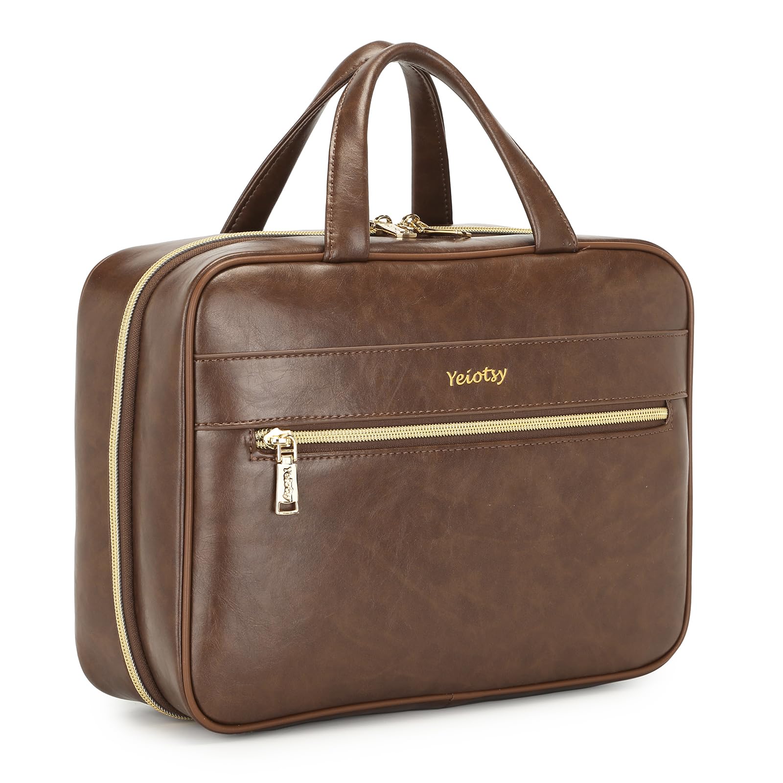 Yeiotsy Large Hanging Travel Toiletry Bag for Men & Women - Vegan Leather Cosmetic Organizer with Multiple Pockets (Coffee, Large) - Perfect for Business Trips, Vacations & Gym Use