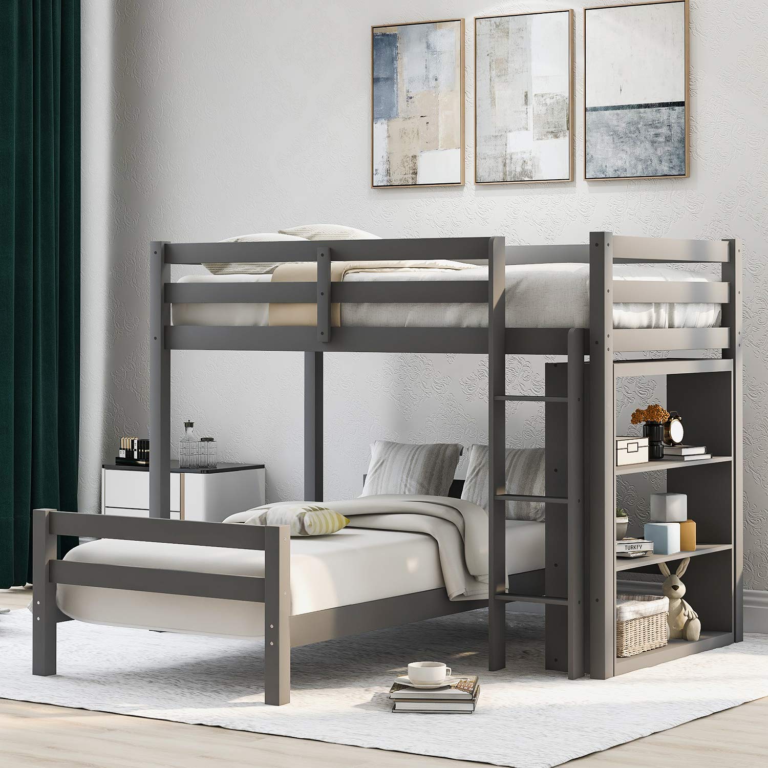 Solid Wood Twin Over Twin Bunk Bed with 3-Tier Storage Shelves - Sturdy L-Shaped Loft Bed Frame with Built-in Ladder & Safety Guardrails for Kids, Teens & Adults - Space-Saving Solution for Small Bedrooms, Dorms & Guest Rooms (Gray) - Perfect for Shared Kids' Rooms, College Dorms & Vacation Homes