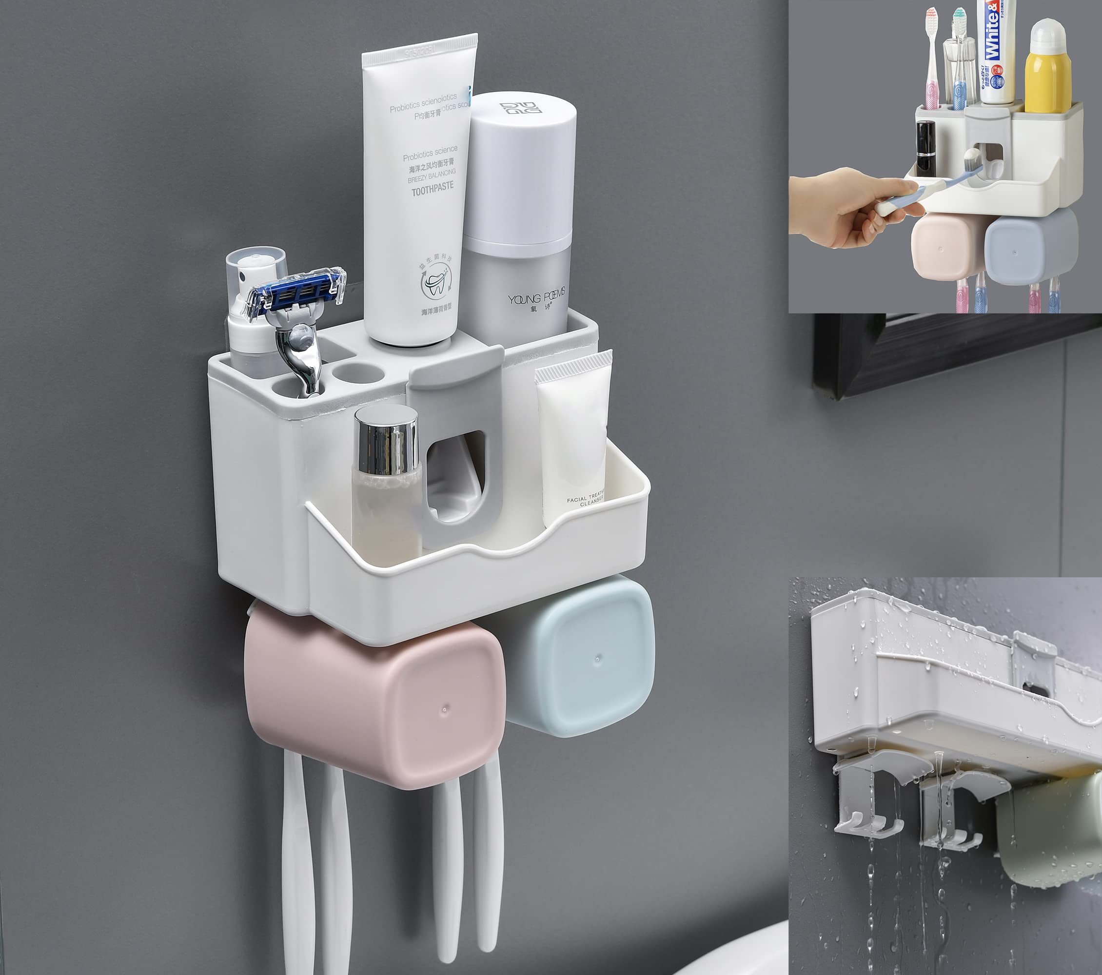 Wall Mounted Toothbrush Holder with Toothpaste Dispenser & 4 Toothbrush Slots - 5 Compartment Bathroom Organizer with Large Capacity & 2 Mouthwash Cups - Perfect for Family Bathrooms, Dorm Rooms, and Small Space Organization