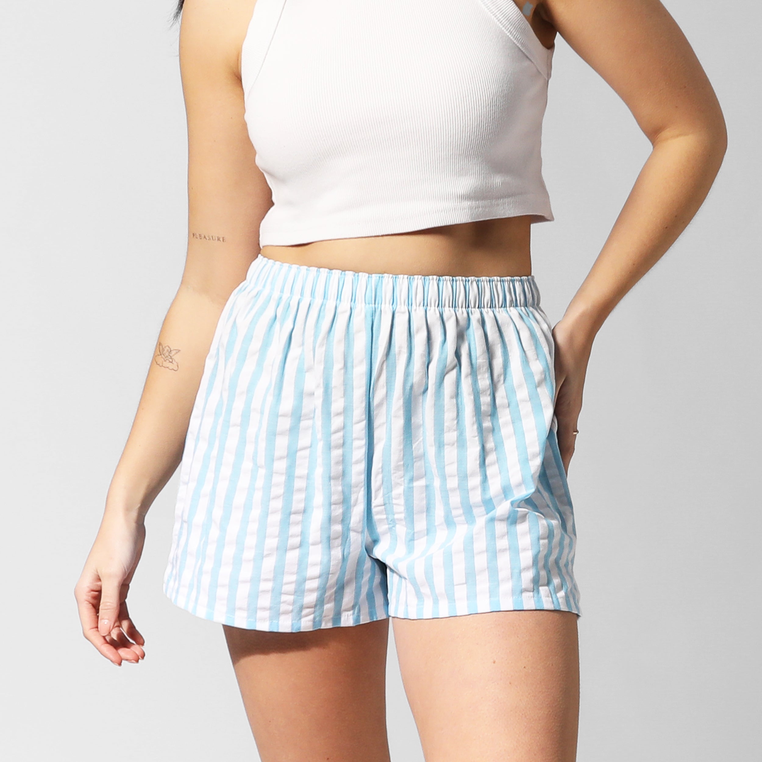 Women's Seamless Cotton Boxer Shorts - Soft Breathable Seersucker Stripe Underwear for Sleep & Lounge | Blue