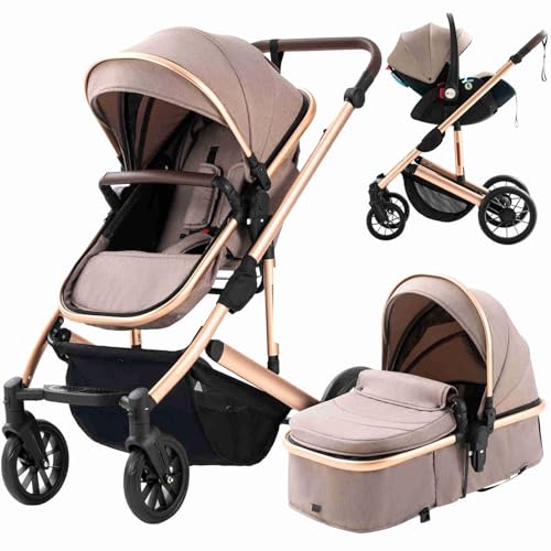 Premium 5-in-1 Baby Stroller Combo with Bassinet & Quick Fold - Universal for Boys & Girls - Newborn to Toddler Travel System with Car Seat Base (Khaki) - Perfect for Shopping, Park Outings & Family Vacations