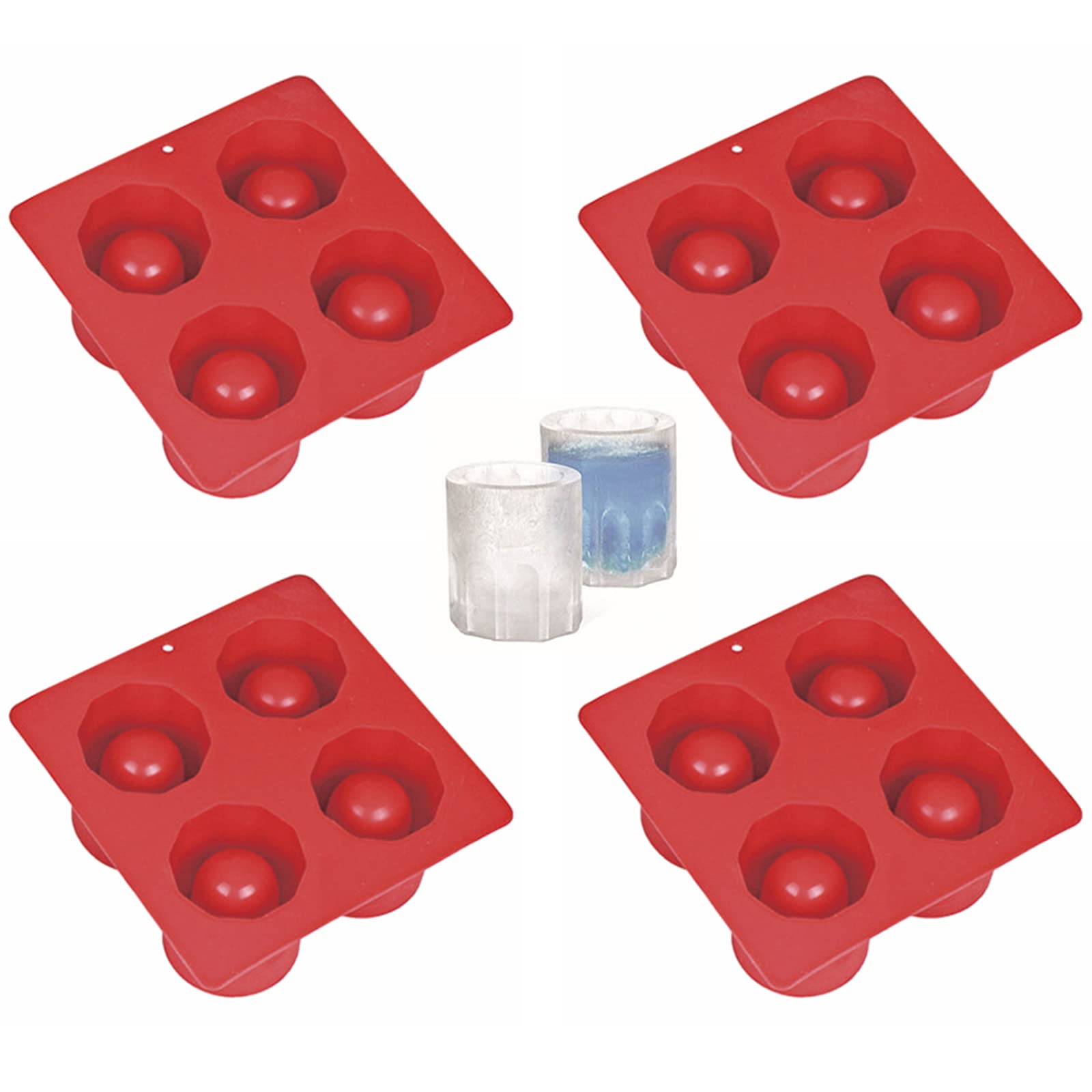 4 Pcs 4-Cavity Silicone Ice Cube Molds for Round Shot Glasses - Reusable, BPA-Free, Easy Release (Red) - Perfect for Cocktails, Parties, and Home Bars