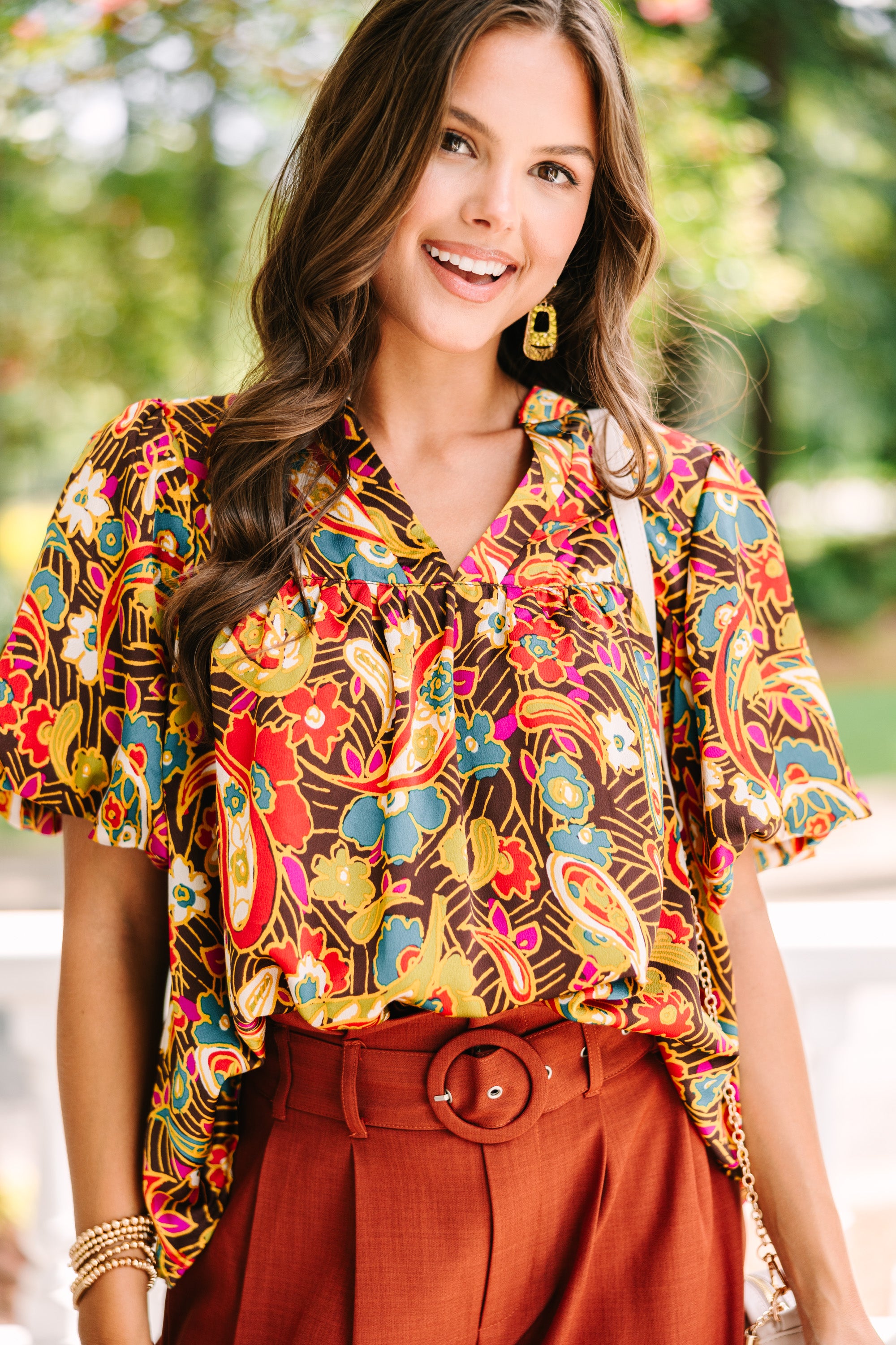 Stylish Brown Paisley Blouse for Women - Trendy Floral Print Button Down Shirt - Perfect for Office, Date Night & Casual Outings