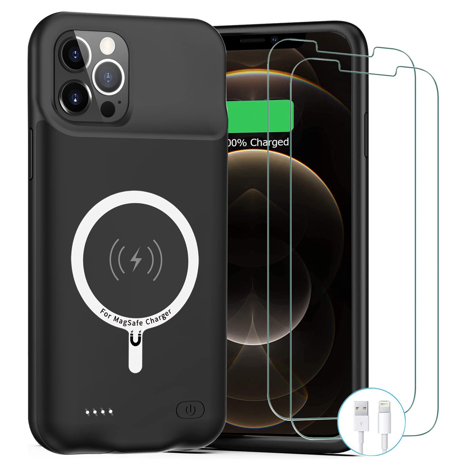 10800mAh Wireless Charging Battery Case for iPhone 12 Pro Max (6.7 inch) - Rechargeable Portable Power Bank with CarPlay Support | Perfect for Travel, Work & Outdoor Activities (Black)