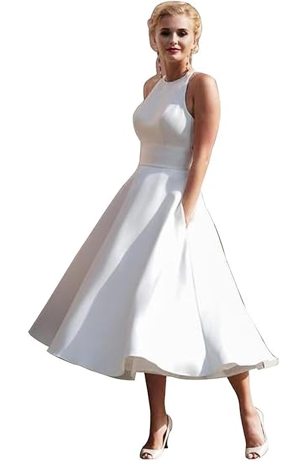 Elegant Tea-Length Satin Wedding Dress for Women - Sexy Halter Lace Backless Bridal Gown A-Line Formal Dress - Perfect for Beach Weddings, Vow Renewals & Romantic Photoshoots