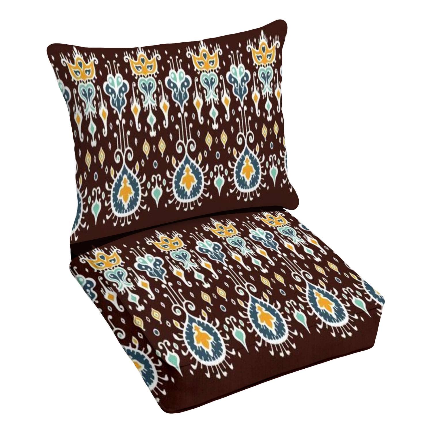 Premium Outdoor Deep Seating Cushion Set - Ikat Geometric Pattern, Folklore Inspired Oriental Damask Design - High-Quality Replacement Cushions for Patio Lounge Chairs - Perfect for Backyard, Poolside, and Garden Relaxation