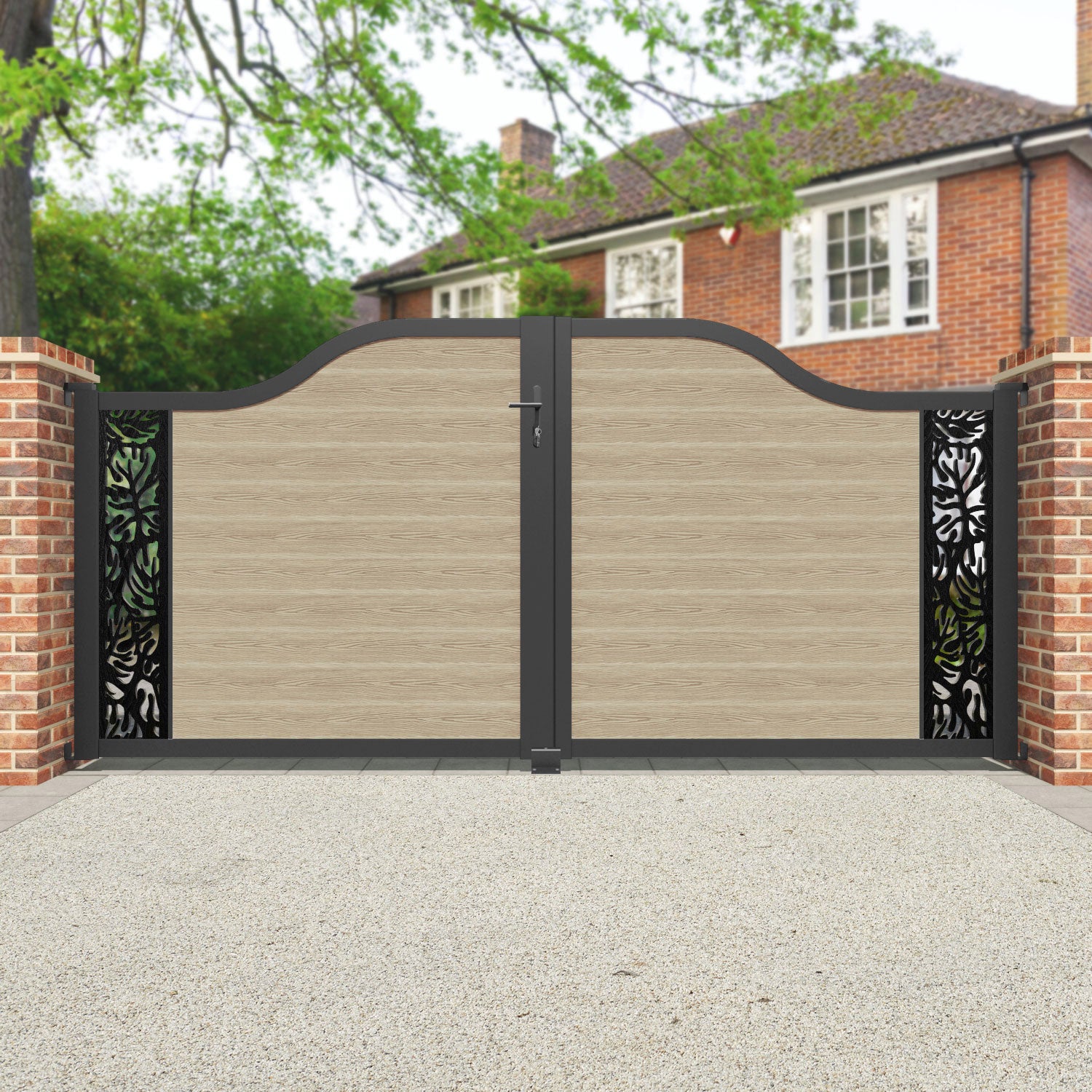 Classic Botanic Curved Top Driveway Gate - Light Oak Finish - End Screen Design - Perfect for Garden Entry, Driveway Security, and Home Aesthetics
