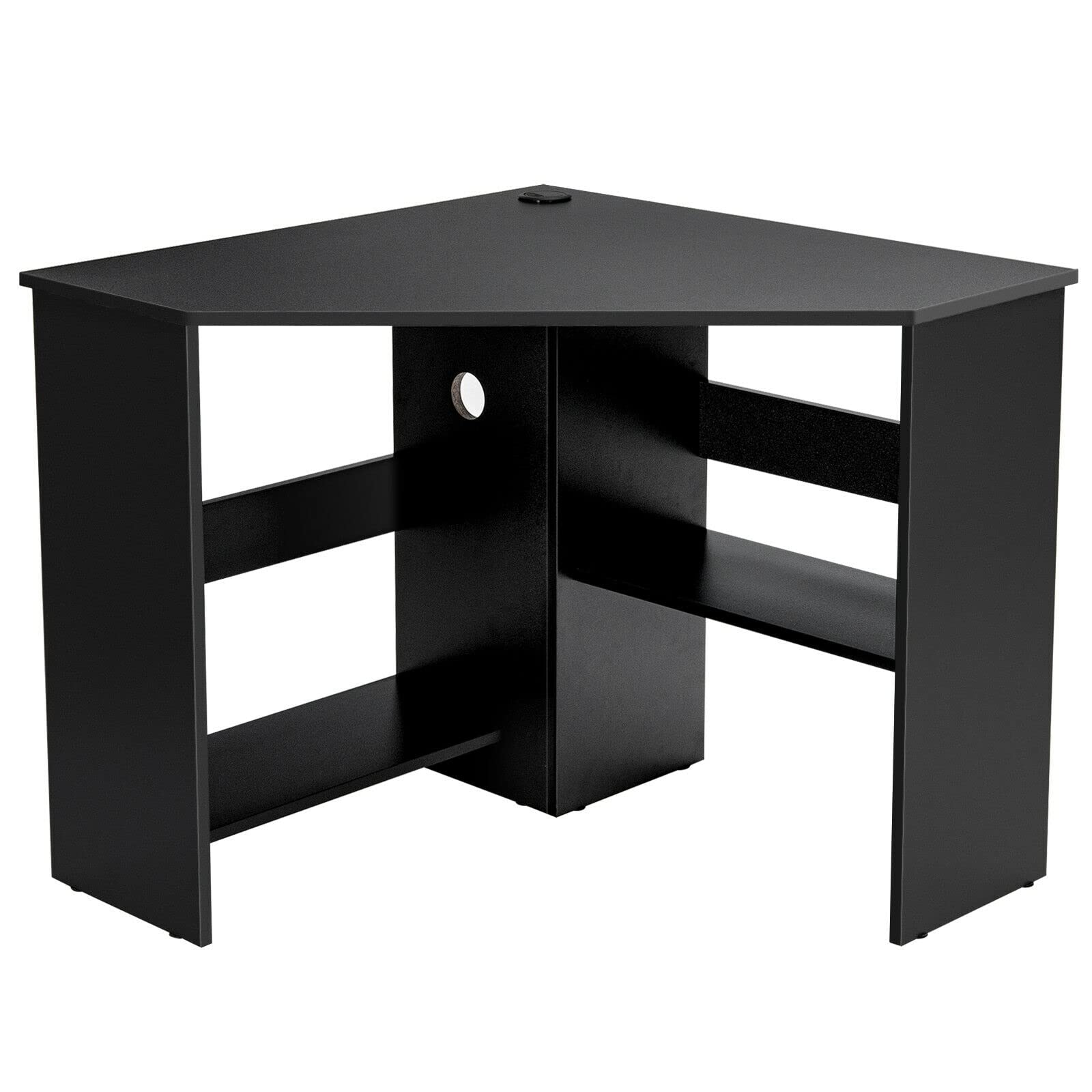 LHONE 90° Corner Computer Desk with Storage Shelves - Space Saving Wooden Triangle Writing Desk for Small Spaces, Home Office & Makeup Vanity (Black) | Perfect for Apartments, Dorms & Compact Workstations