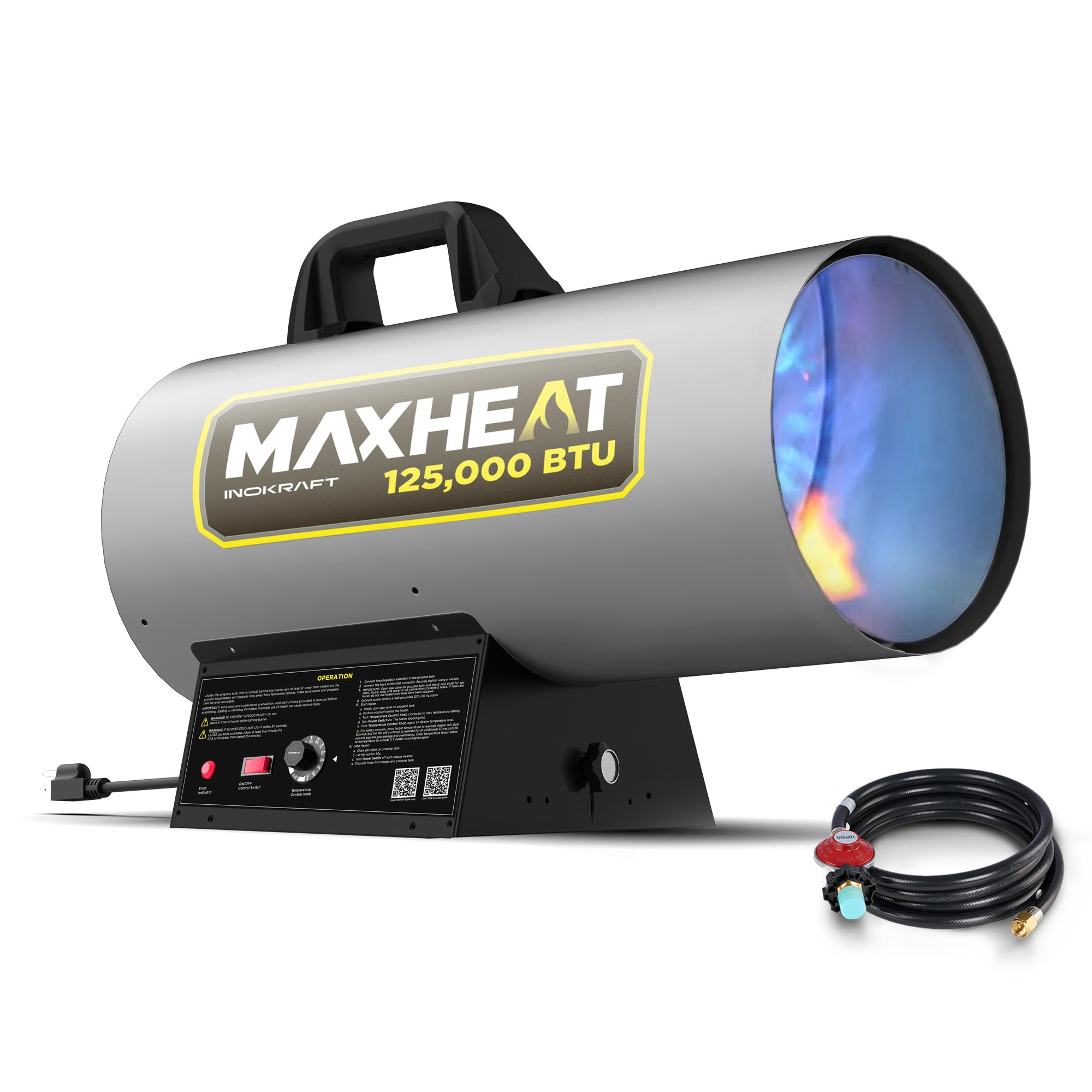 InoKraft Maxheat MH125 125,000 BTU Forced Air Propane Heater with Auto 25-95°F On/Off Control - Portable Garage & Job Site Heater with 10ft Hose - Ideal for Workshops, Construction Sites, and Outdoor Events