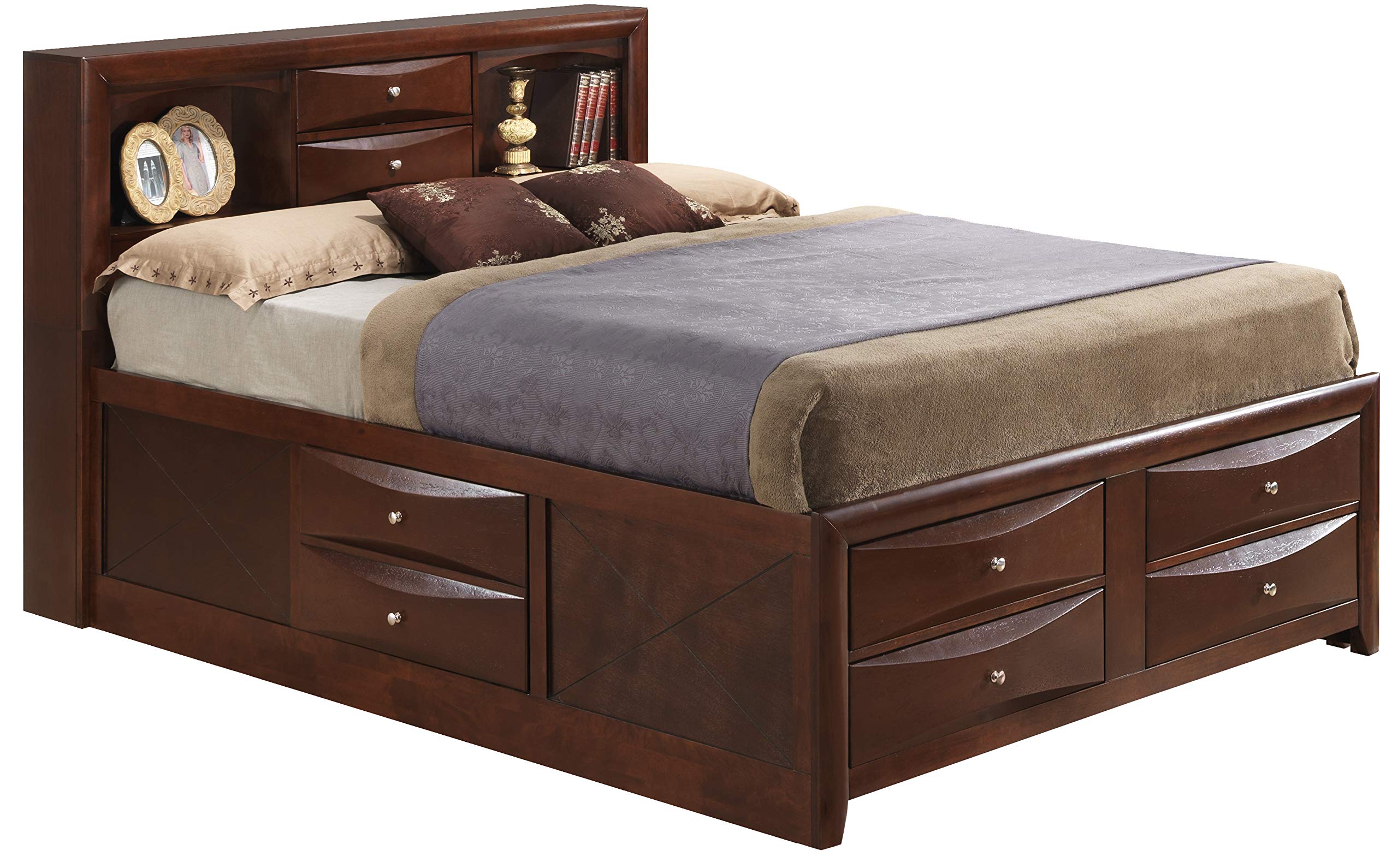Glory Queen Size Storage Bed with 6 Underbed Drawers in Cherry Finish - Perfect for Small Bedrooms, Dorm Rooms & Space-Saving Home Organization