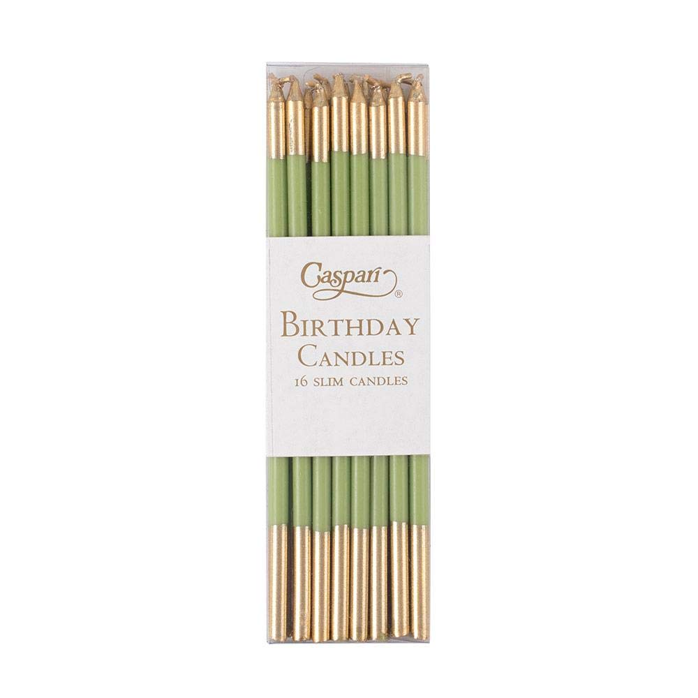 Moss Green & Gold Tipped Slim Birthday Candles - Set of 32 Elegant Taper Candles for Birthday Cakes, Party Decorations & Special Celebrations