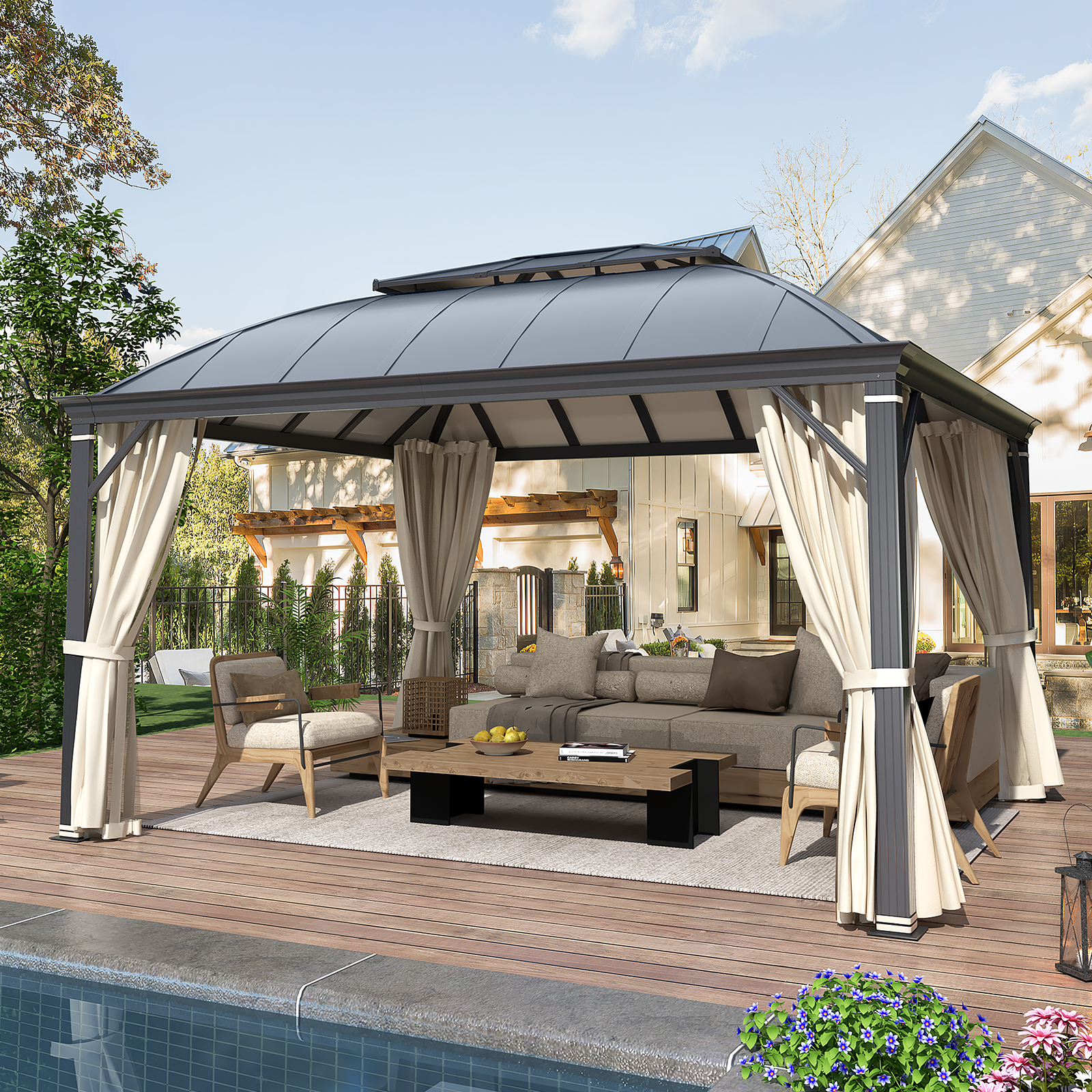 EROMMY 12' x 14' Hardtop Permanent Outdoor Aluminum Patio Gazebo with Double Roof - Includes Curtains & Netting for Patio, Lawn, Garden, Backyard & Outdoor Entertaining