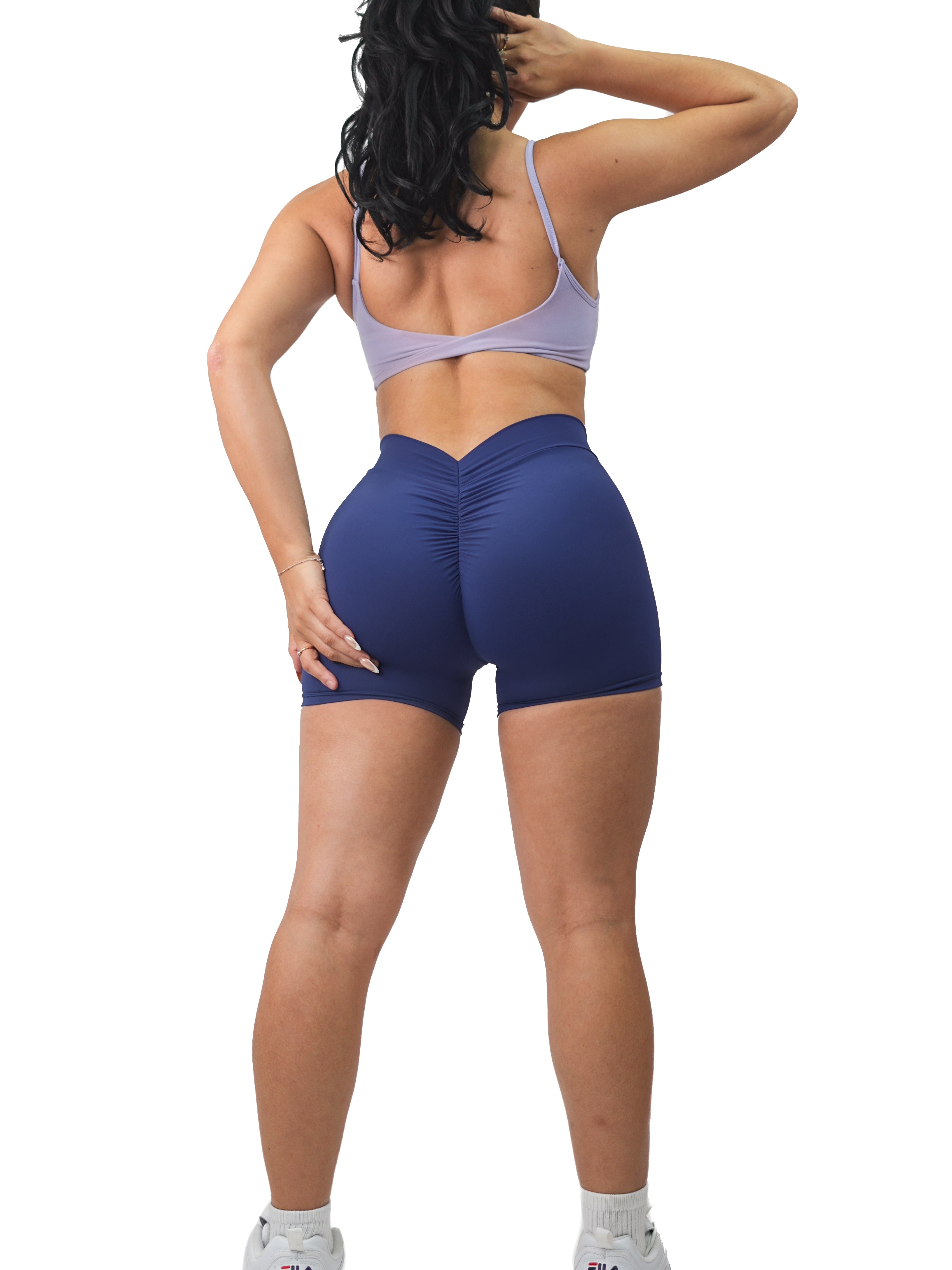 Low Back Scrunch Yoga Shorts for Women - High Waisted Workout Shorts in Navy Blue | Perfect for Yoga, Gym, Running & Lounge Wear