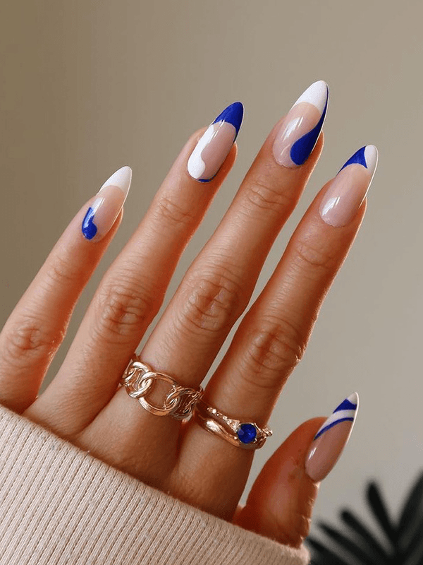Lovevop Blue and White Matching False Nails - Medium Length Press on Nails with Glue, Perfect for Parties, Weddings, and Special Occasions