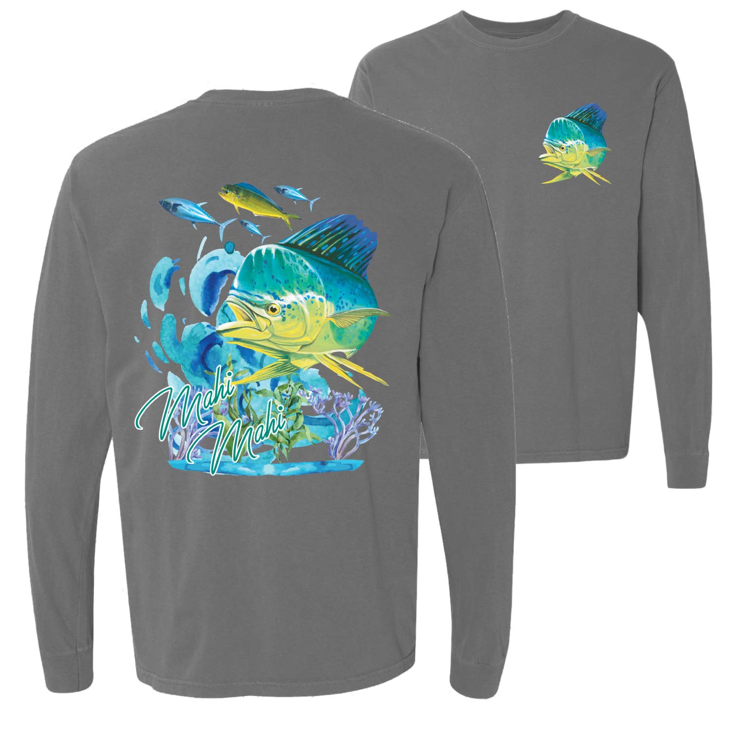 Vintage Mahi Mahi Fishing T-Shirt - Garment-Dyed Long Sleeve Crewneck Tee for Men | Nautical Themed Casual Wear | Perfect for Fishing Trips, Beach Outings & Coastal Lifestyle