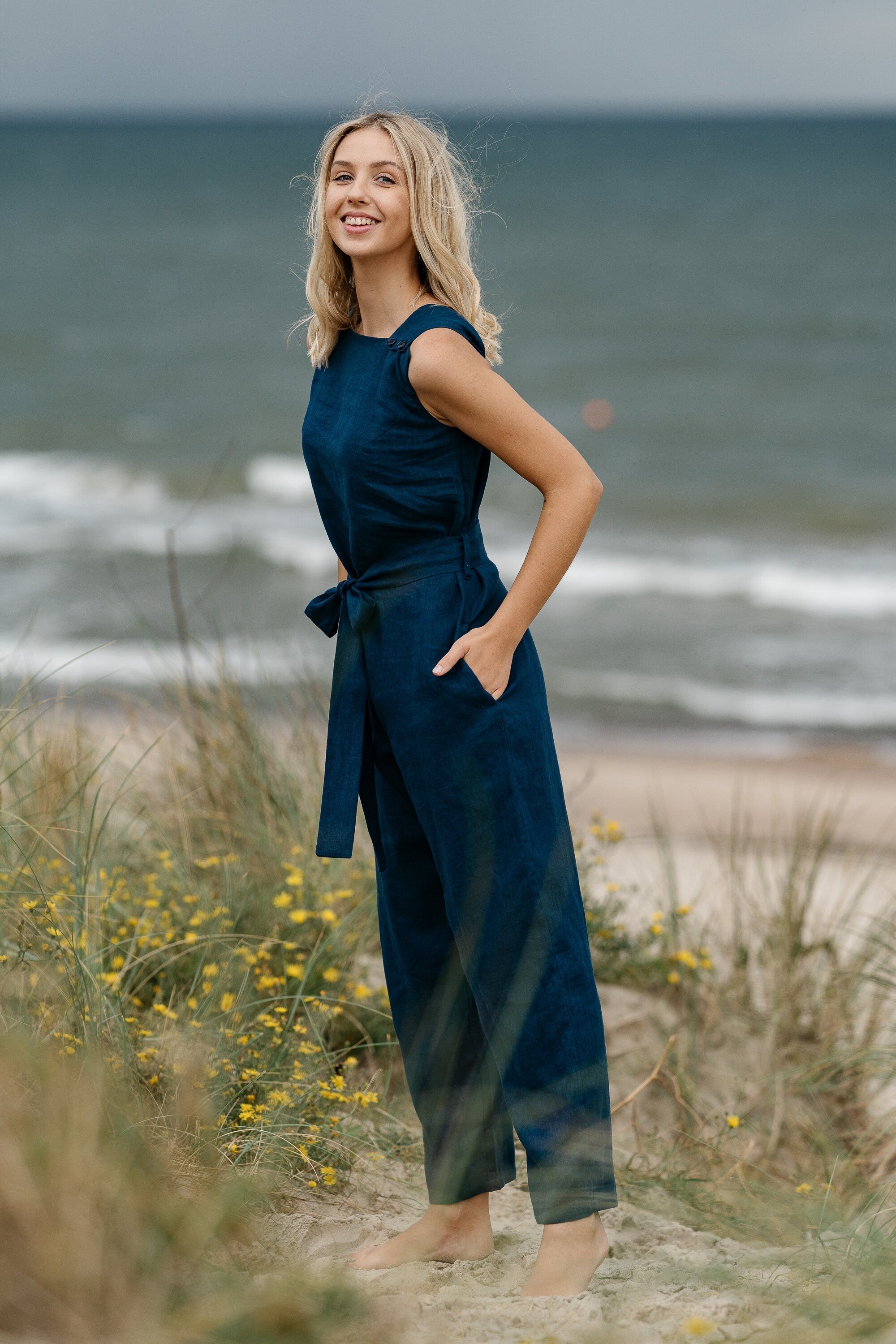 Linen Wrap Jumpsuit for Women - Comfortable Summer Romper with Adjustable Belt | Perfect for Beach Vacation, Casual Outings and Boho Style Fashion