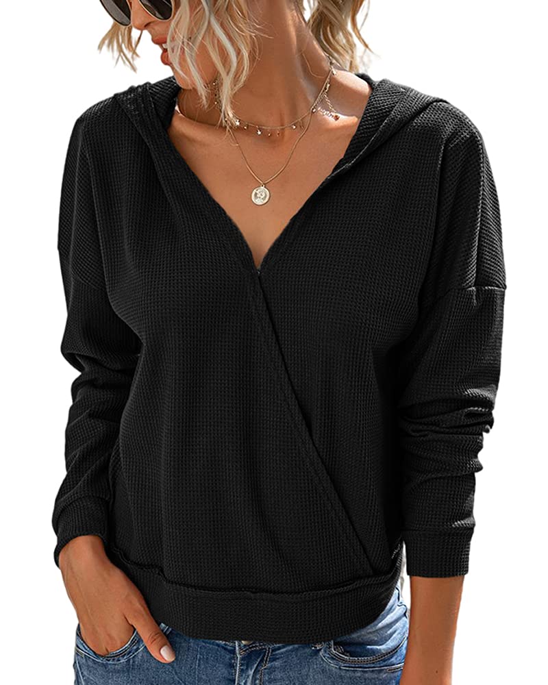 Women's V-Neck Waffle Hoodie - Lightweight Long Sleeve Pullover Sweater for Sun Protection | Casual Wear, Outdoor Activities & Layering Fashion