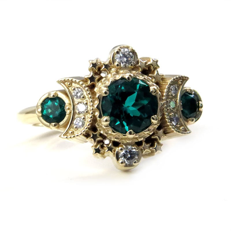 Chatham Emerald & Diamond Moon Phase Engagement Ring in Rose, Yellow, or White Gold - Boho Celestial Jewelry for Weddings & Proposals