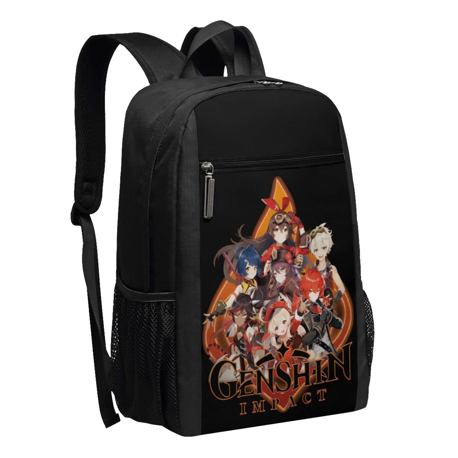 Durable 17 Inch Water Resistant Laptop Backpack for Business Travel & College - Stylish School Bookbag with Genshin Impact Pyro Design for Women & Men (Black, One Size) - Perfect for Work, School & Gaming Conventions