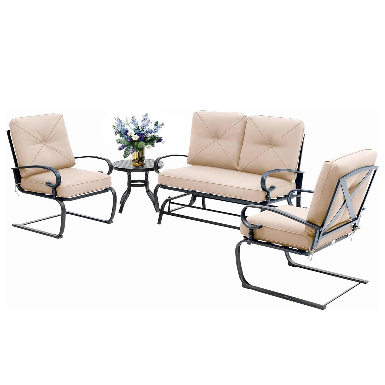 4-Piece Metal Outdoor Patio Conversation Set - Glider Chairs with Round Side Table, Wrought Iron Look Spring Lounge Chairs (Brown) - Perfect for Garden, Backyard, Deck or Poolside Relaxation