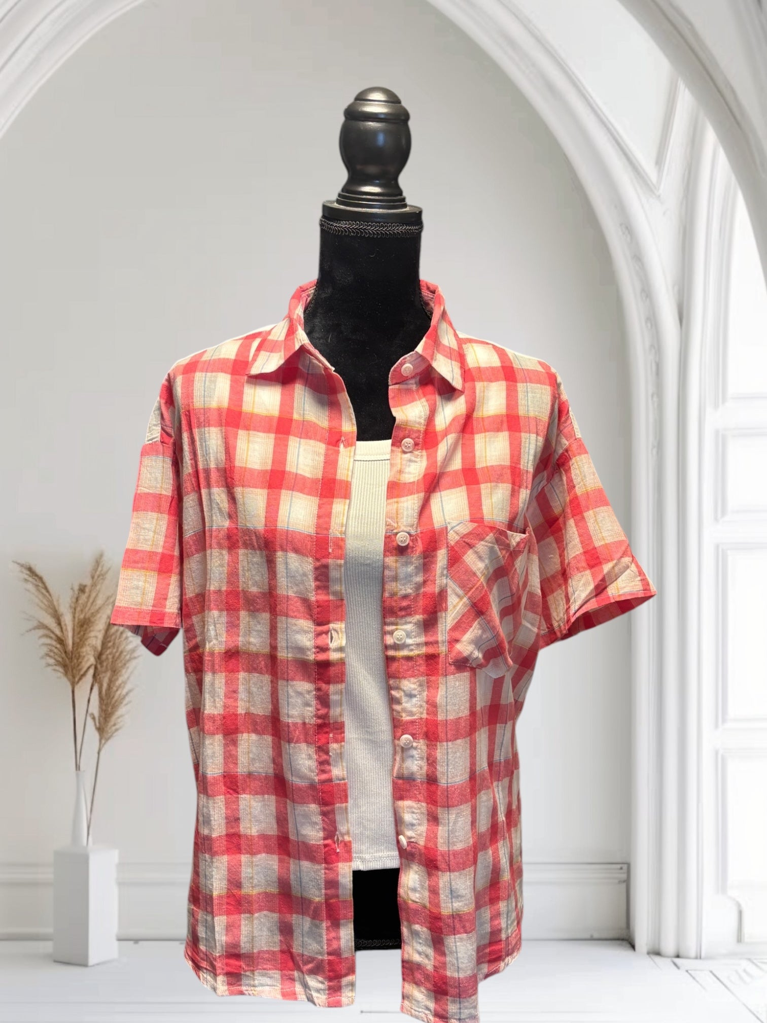 Stylish Women's Plaid Shirt - Summer Short Sleeve Thin Button Down Top for Casual Outings & Beach Cover Ups