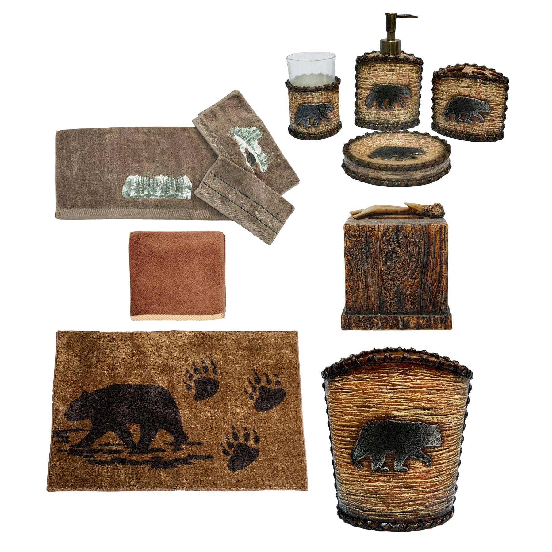 Rustic Bear 14-Piece Bath Accessory Set with Joshua Towel - Complete Bathroom Decor for Cozy Home Spa Experience