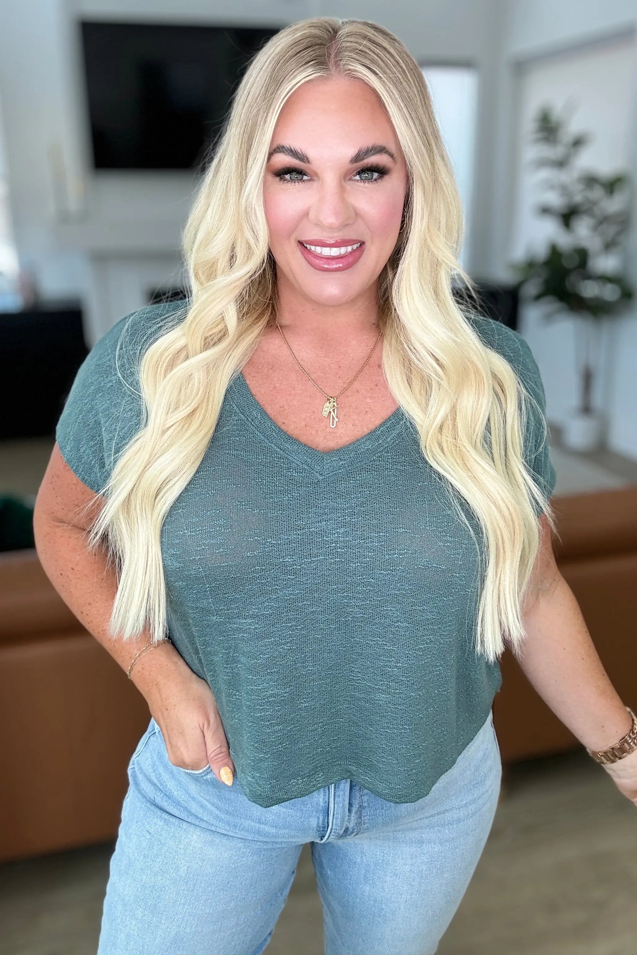 Classic Comfort V Neck Top for Women - Soft Stretch Casual T-Shirt in Ash Jade | Perfect for Everyday Wear, Layering & Outfits